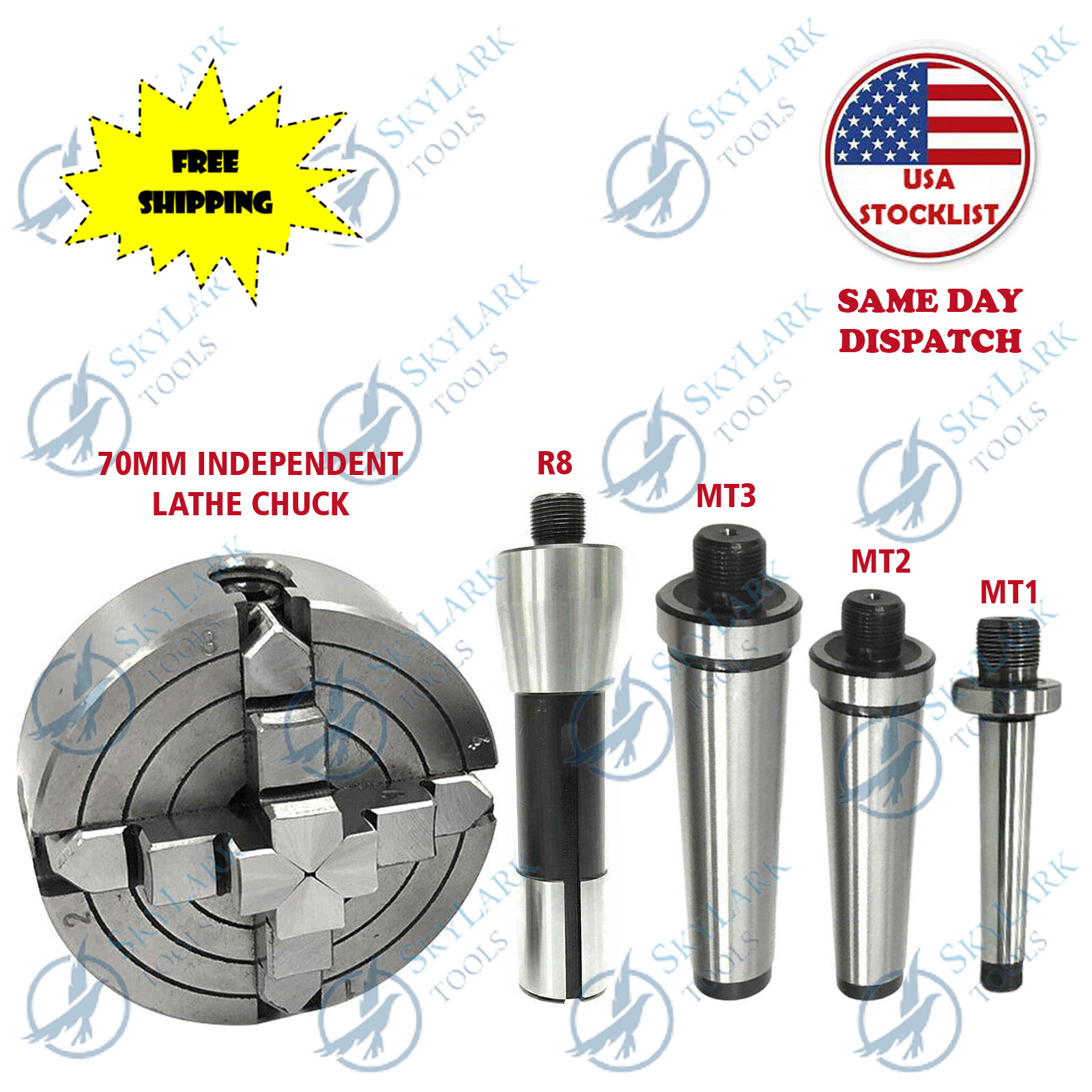 4-Jaw 70mm Independent Chucks M14X1 Thread with MT1 MT2 MT3 R8 Mount Shank Arbor