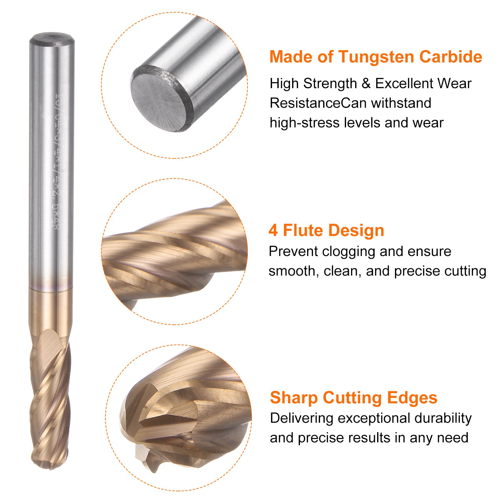 4 Flute Ball Nose End Mill 3/4″ Cutting Length TIN Coated for Carving