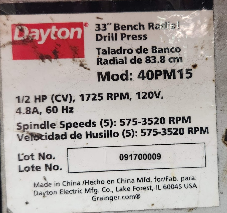 Dayton 33″ Radial Bench Drill Press Belt Drive 1/2 hp 120 V 5 Speed 40PM15