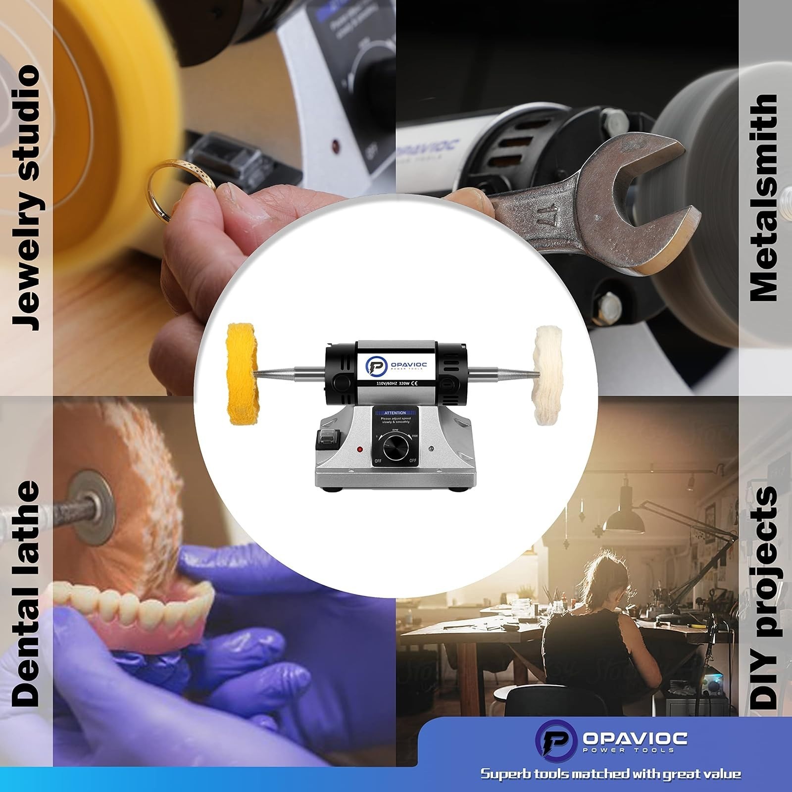 OPAVIOC Jewelry Polisher Adjustable Speed Bench Grinder Buffing Machine