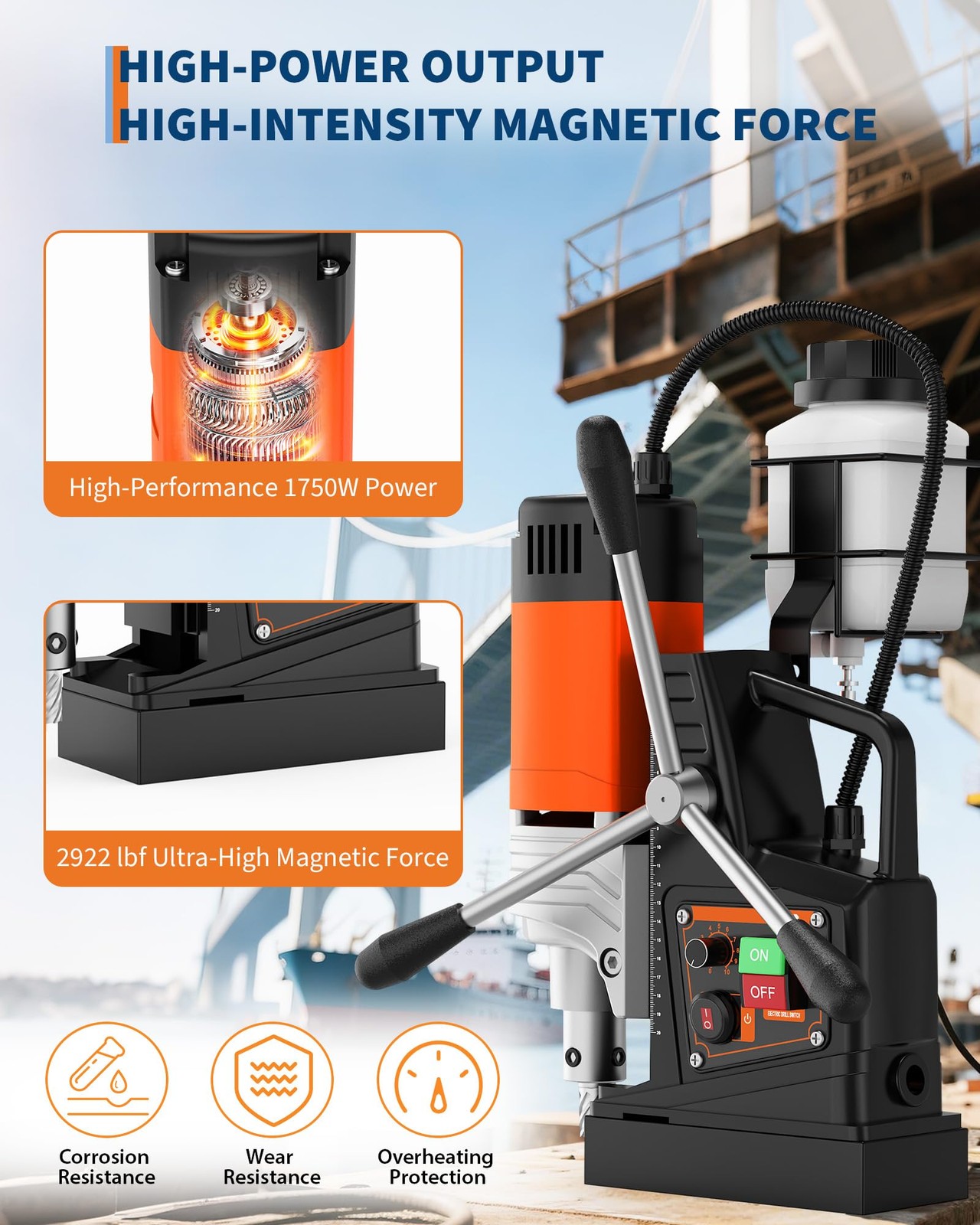 Mag Drill Press, 1750W 2″ Boring Diameter, 2922Lbf Power Portable Magnetic Drill