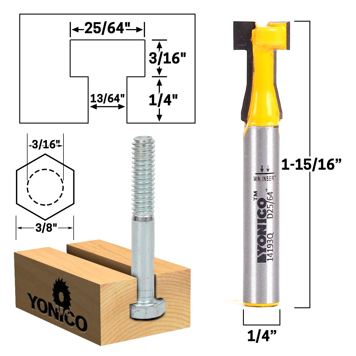T Slot Router Bit 3 Bit Set – 1/4″ Shank – Yonico 14392q