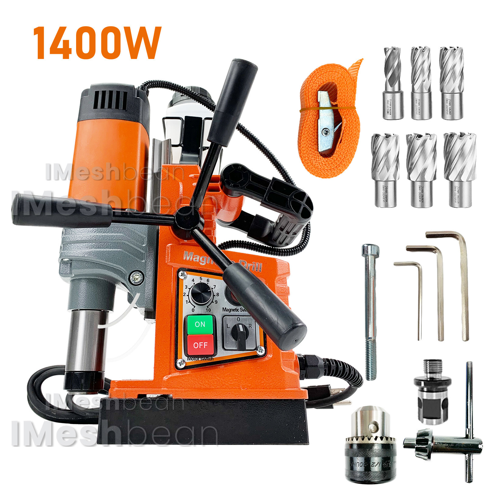1400W Magnetic Drill 2922lbf/13000N Portable Mag Drill Press 810RPM w/ 6 Drills
