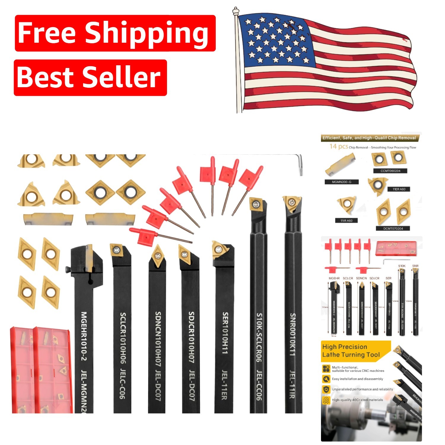 21-Pc Indexable Lathe Turning Tool Kit with 14 Durable Carbide Inserts