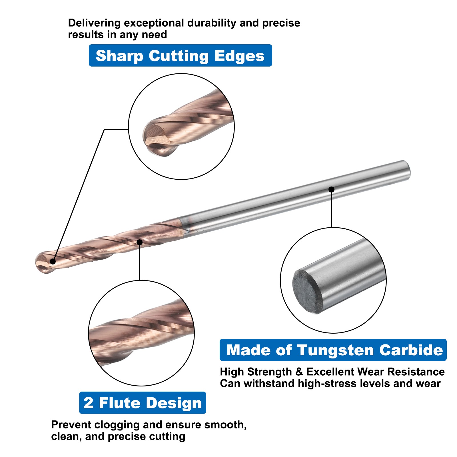 2 Flute Ball Nose End Mill 3/4″ Cutting Length TAIL Coated for Carving Engraving