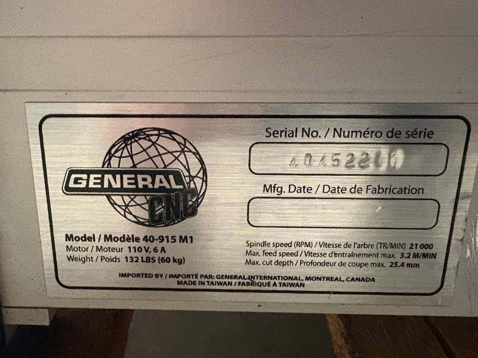 General International CNC Carving Machine Model 40-915 M1 w/ Control Module