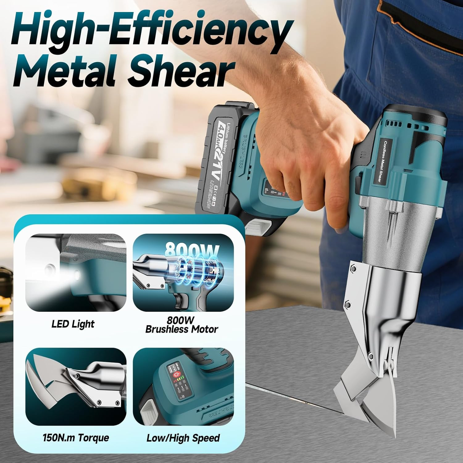 Cordless Sheet Metal Cutter, Metal Shear with 2×4.0Ah Battery, Brushless Electri