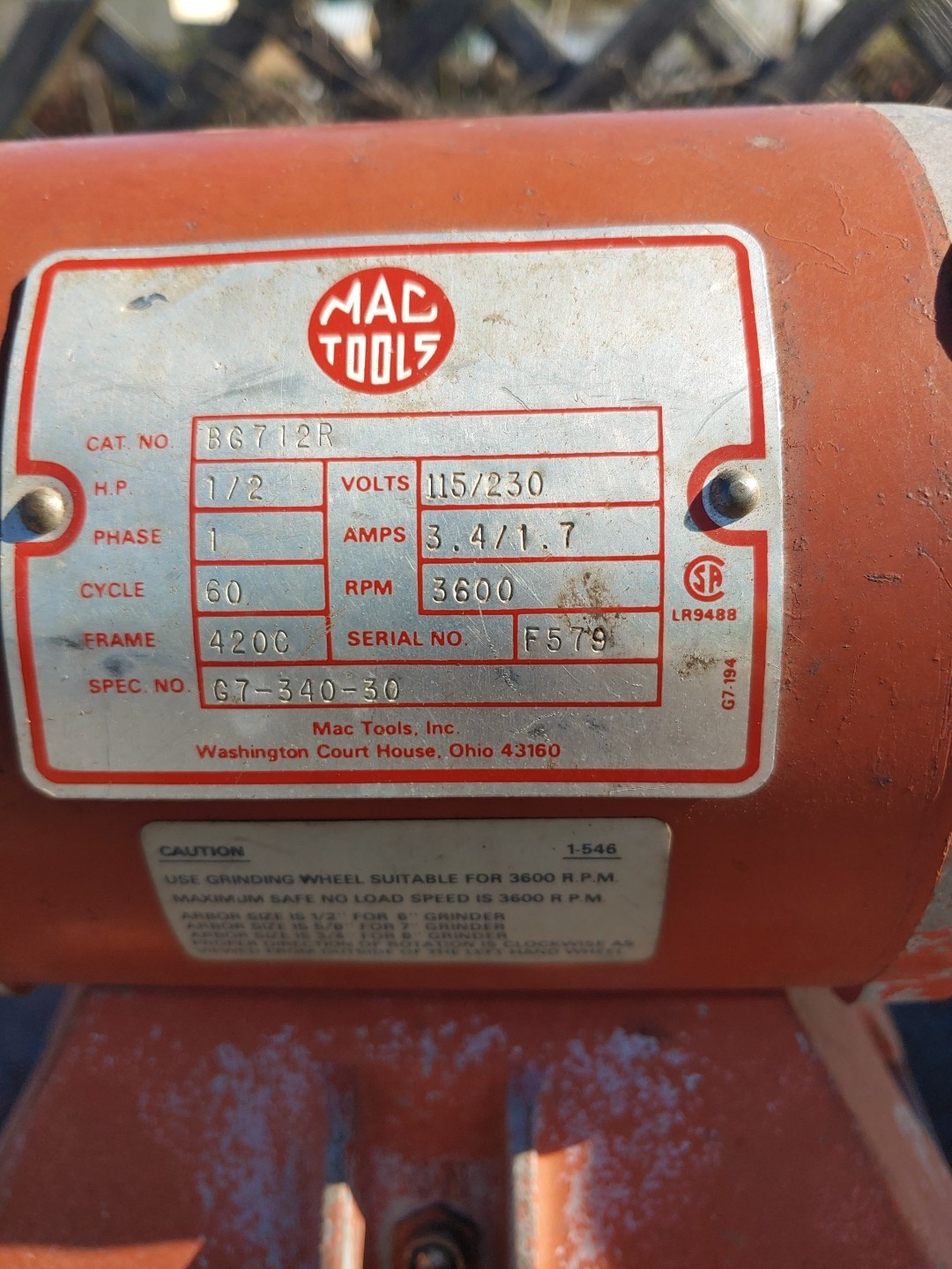 MAC TOO 7” GRINDER #BG712R – 1/2 HP – 3600 RPM – 115/230 VOLTS, 3.4/1.7AMP