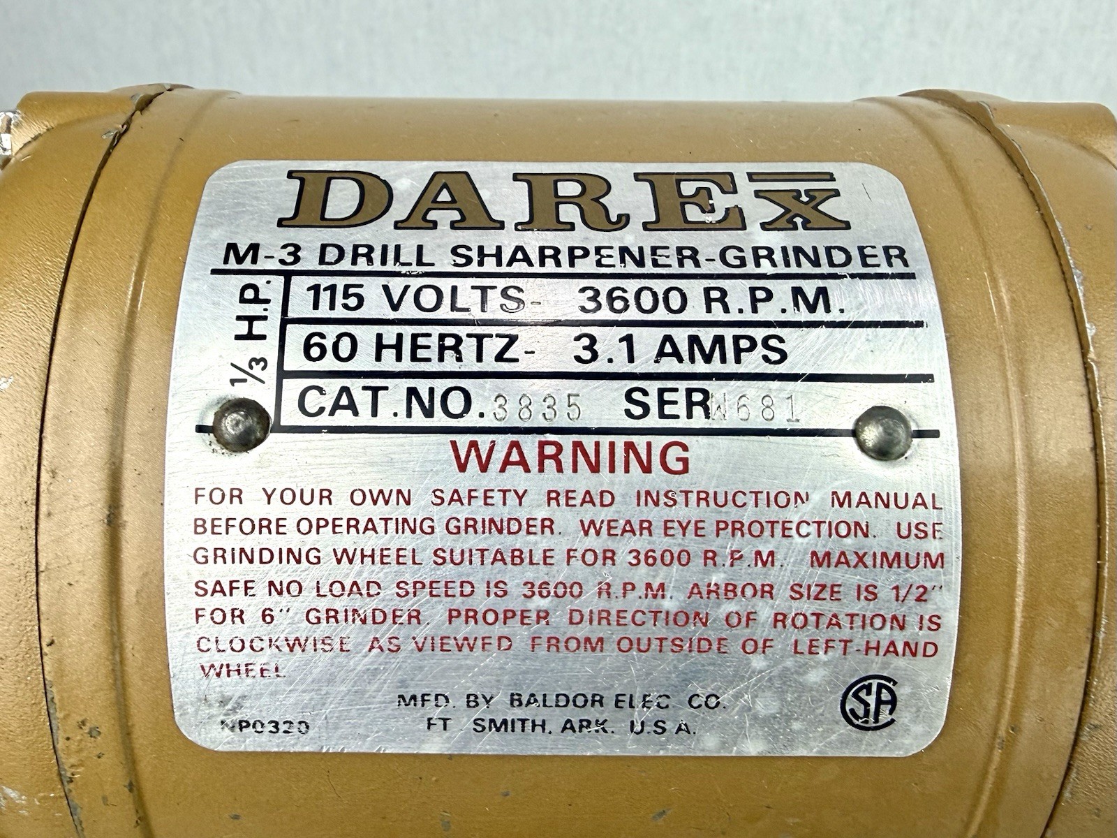 Darex M-3 Drill Sharpener Grinder Base M1 M2 M4 M5 Cat 3835 1/3 HP Baldor Motor⁠