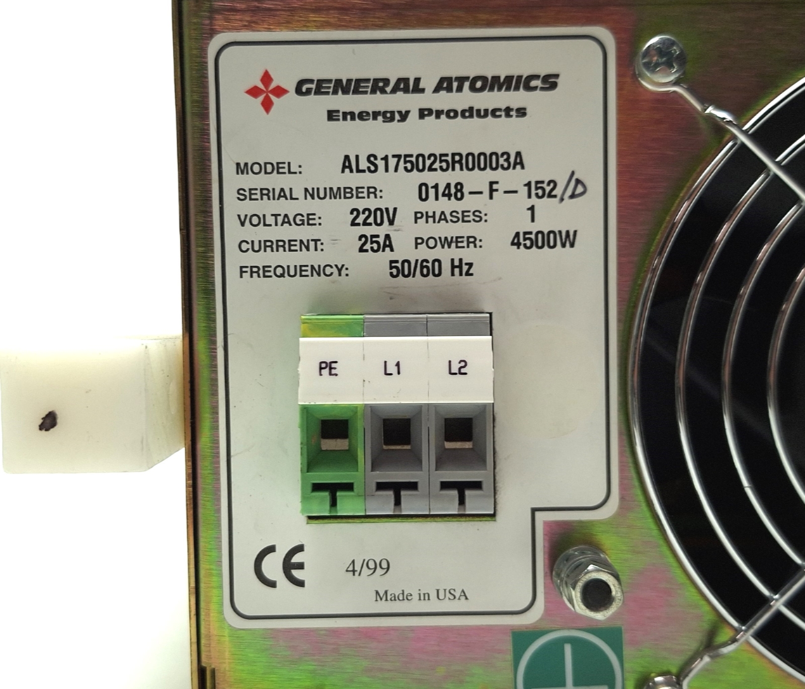 General Atomics ALS175025R0003A LASER Power Supply, 4.5kW, 1PH 220VAC 25A
