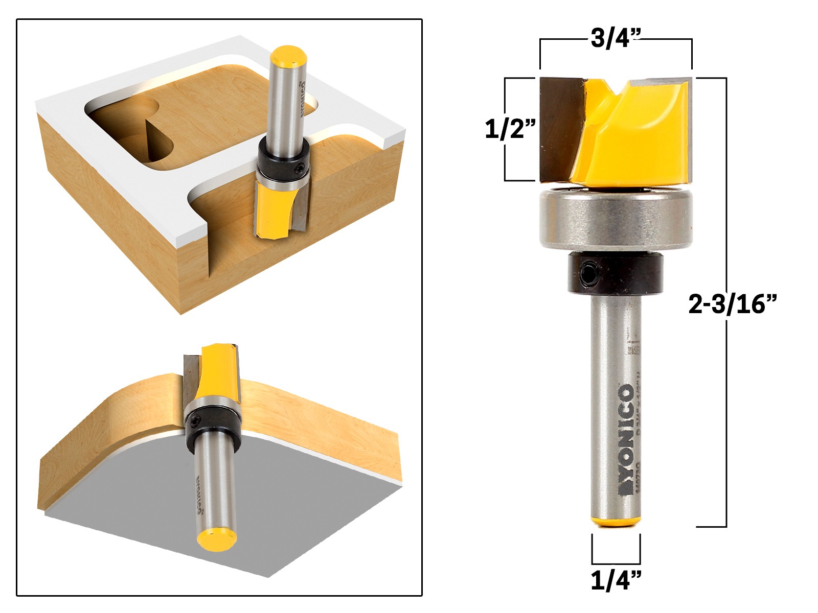 4 Bit 3/4″ Diameter Flush Trim Router Bit Set – 1/4″ Shank – Yonico 14425q