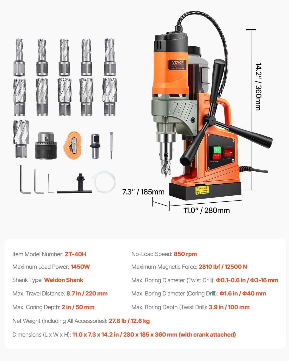 Portable Mag Drill Press 1300W, 1.57” Diameter with 2922lbf Magnetic Power