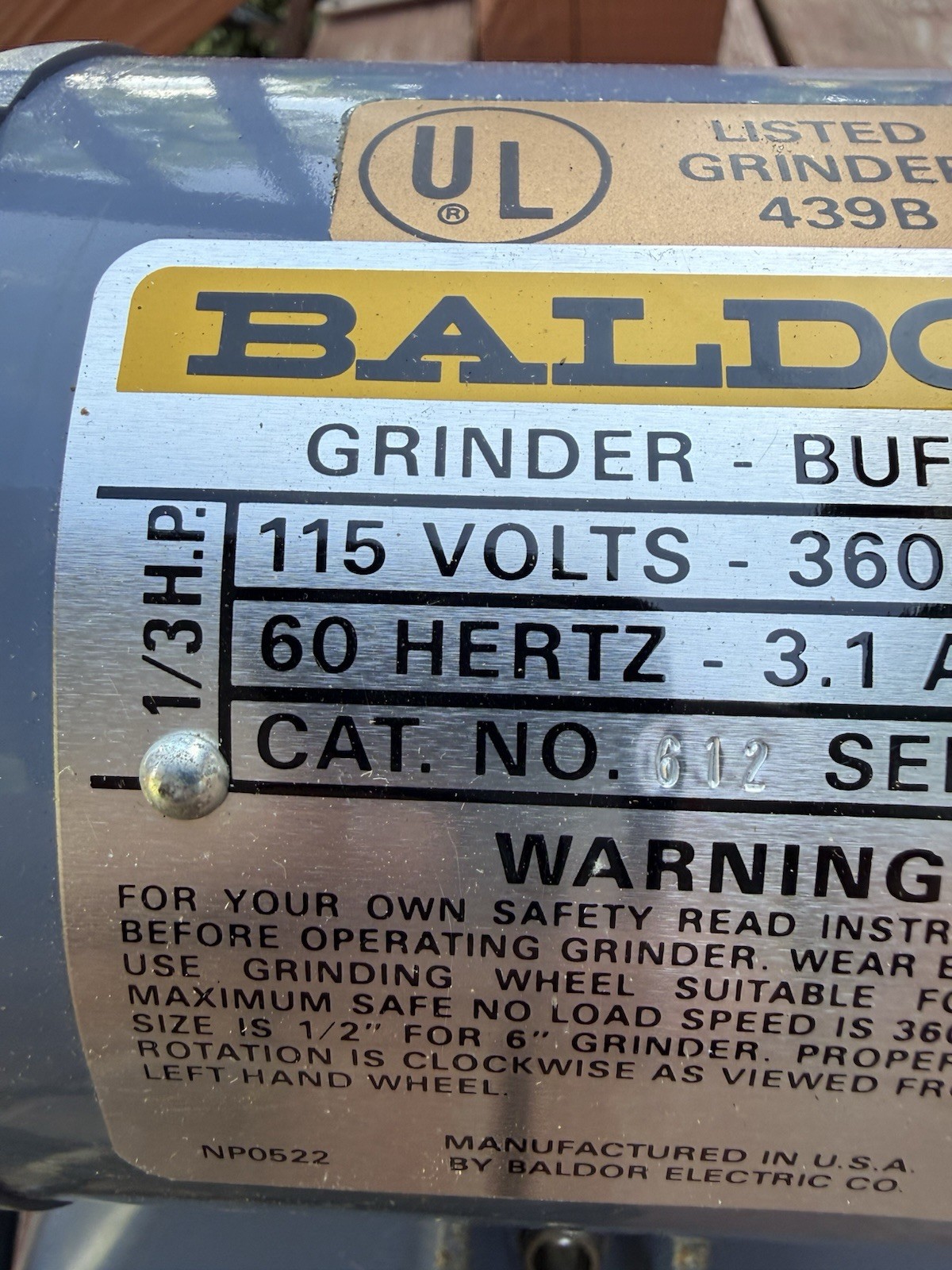 BALDOR # 612 6″ GRINDER / BUFFER 115V 3600 RPM
