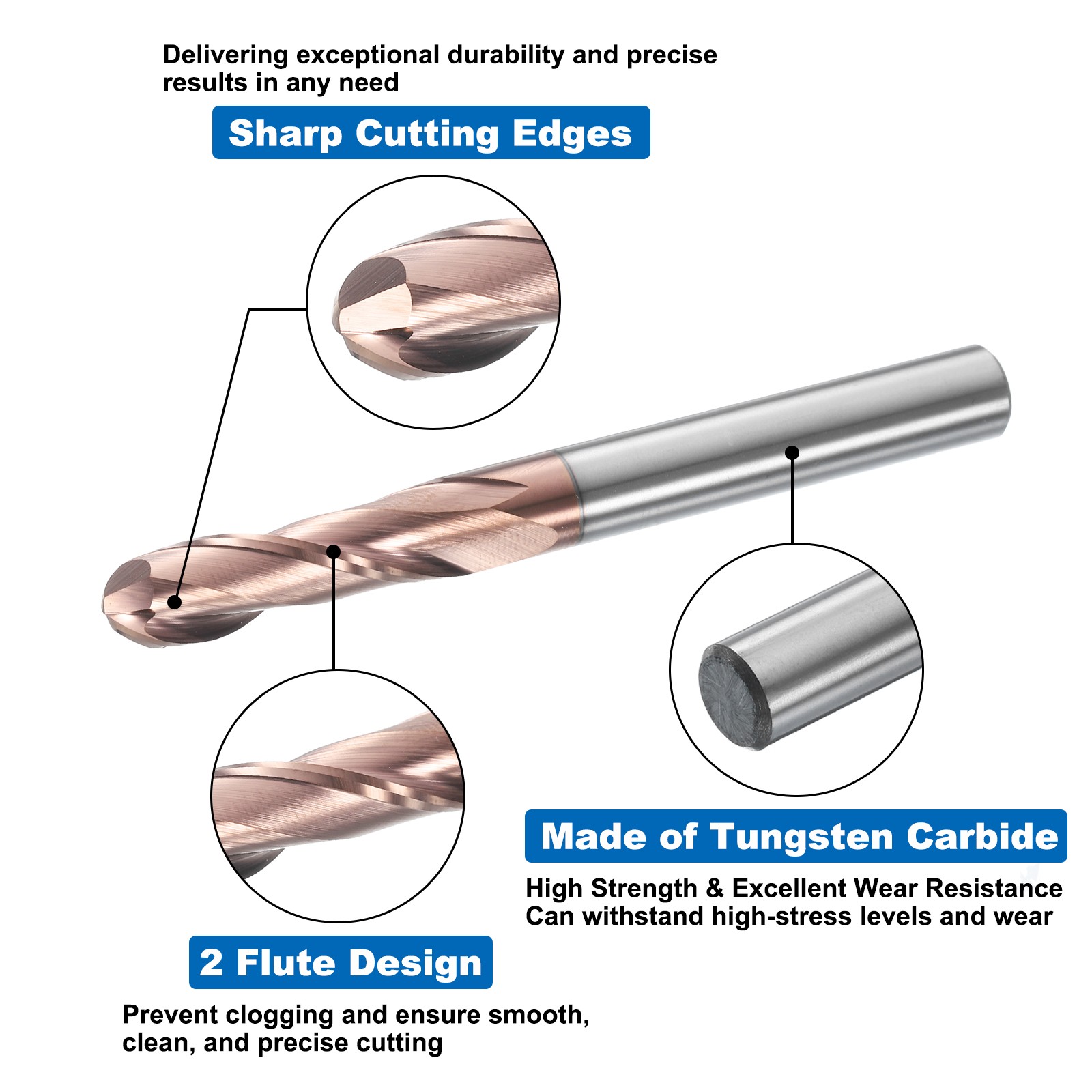 2 Flute Ball Nose End Mill 1-1/8″ Cutting Length Uncoated for Carving Grinding