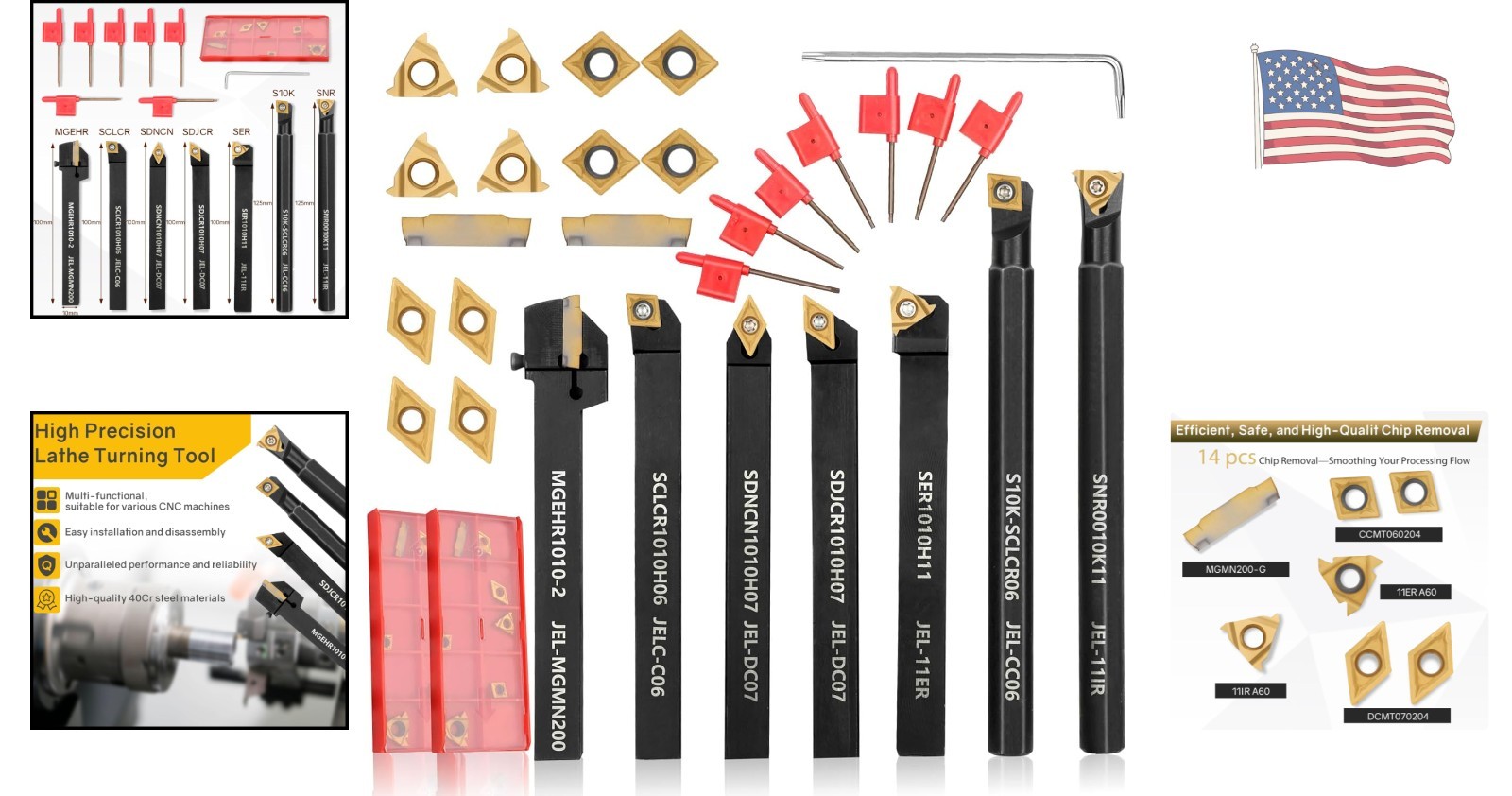 21-Pc Indexable Lathe Turning Tool Kit with 14 Durable Carbide Inserts
