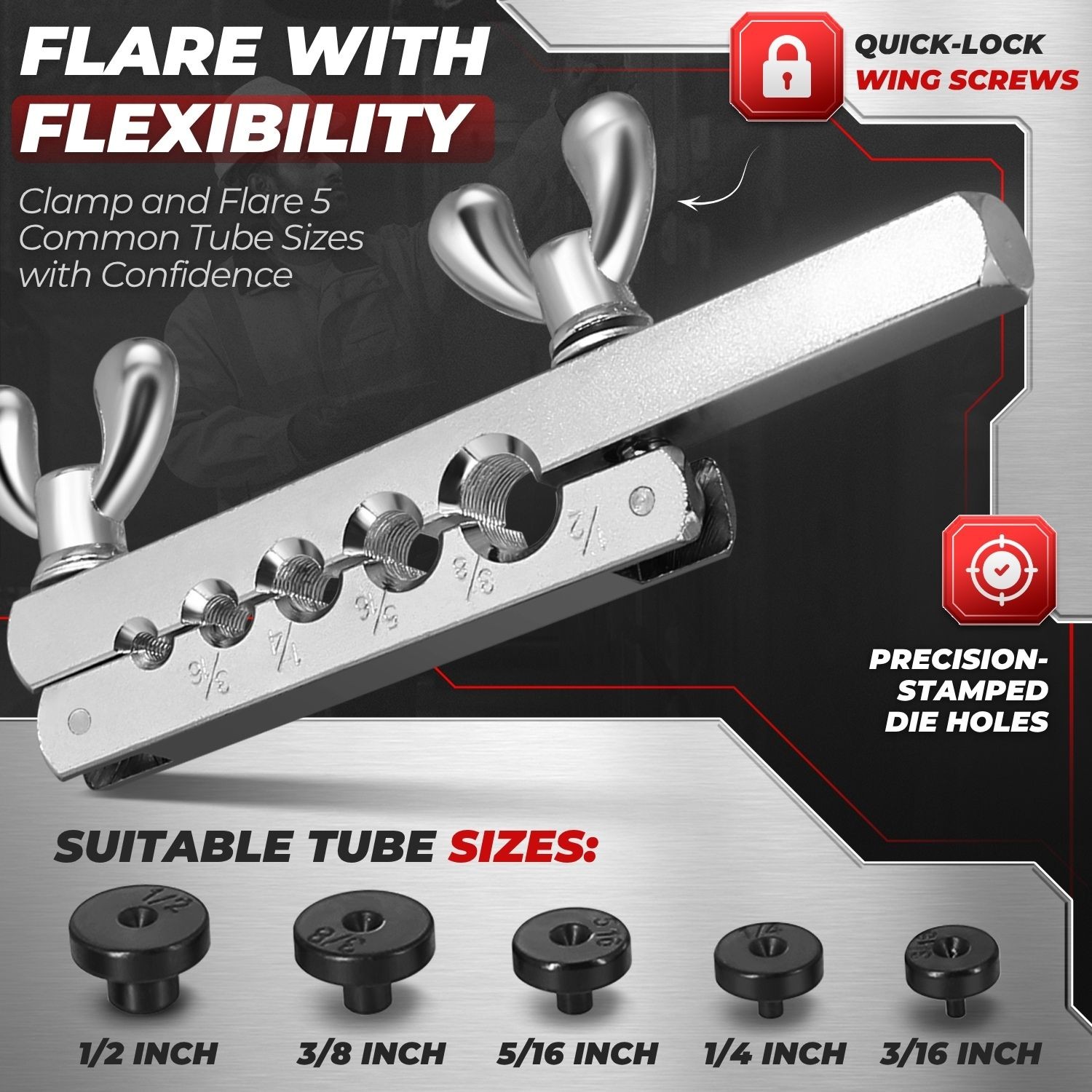 SAE 45 Degree Double Flare Brake Line Flaring Tool Kit 3/16, 1/4, 5/16, 3/8, 1/2