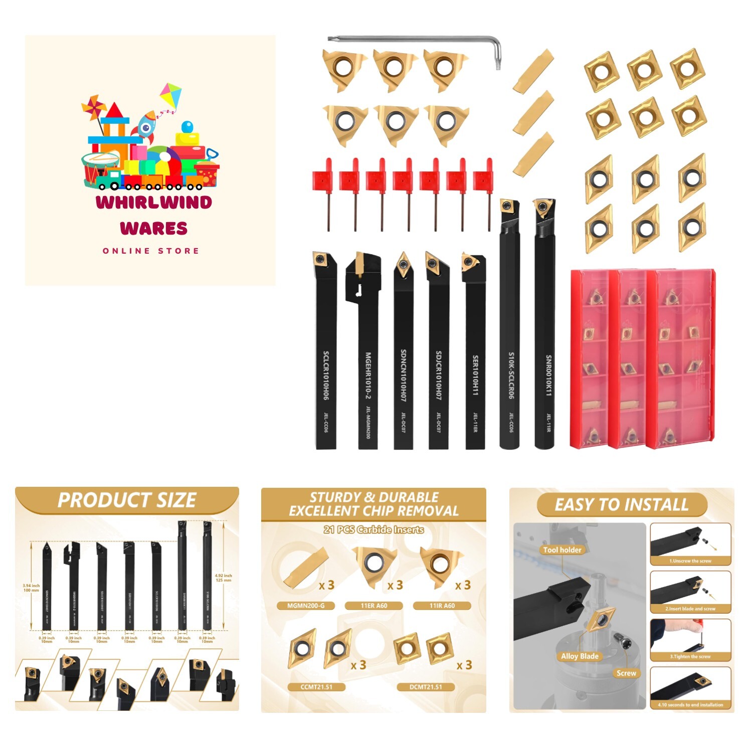 28Pcs Kit Indexable Lathe Turning Tools,3/8″10mm Shank Boring Bar Metal Turni…
