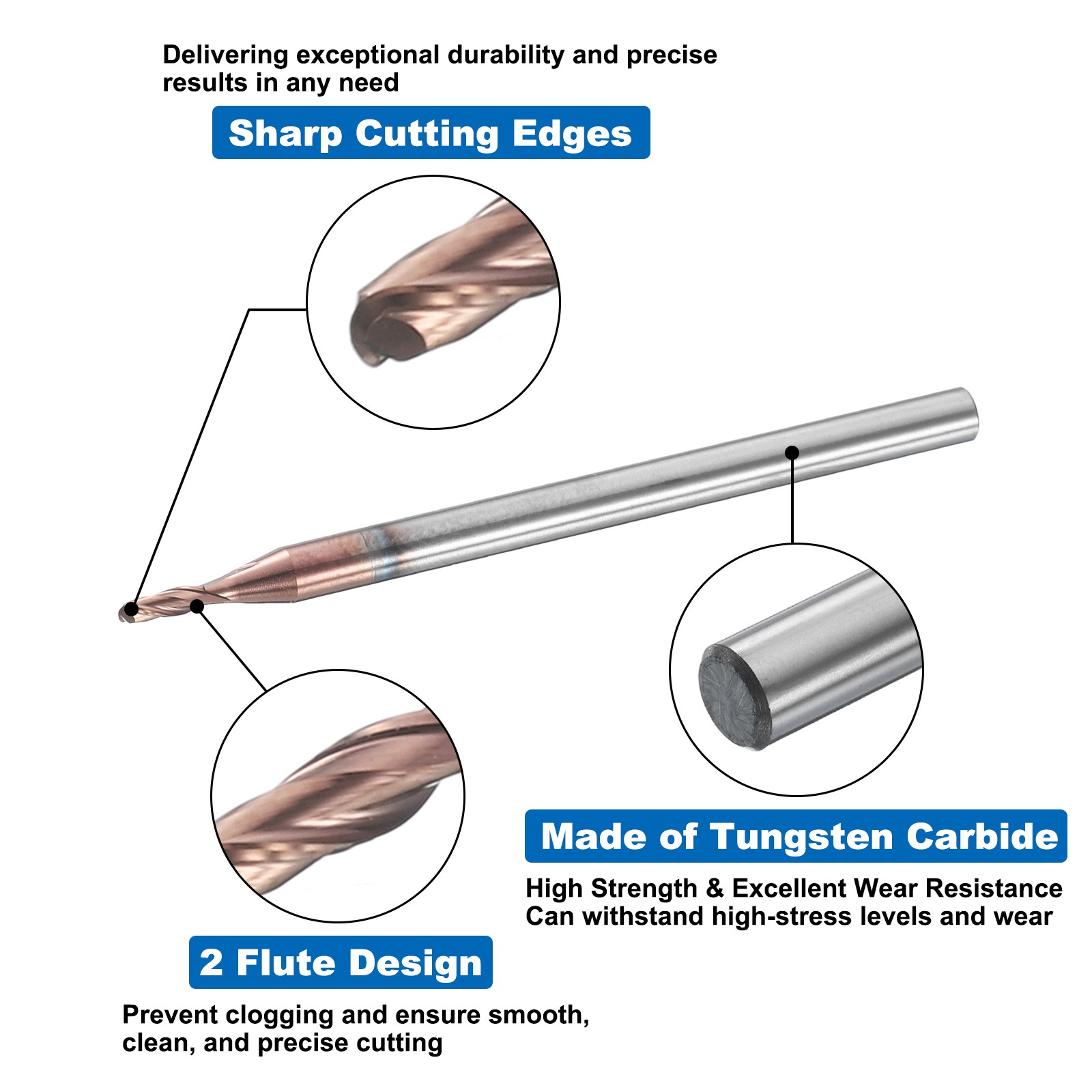 2 Flute Ball Nose End Mill 0.183″ Cutting Length Uncoated for Carving Engraving