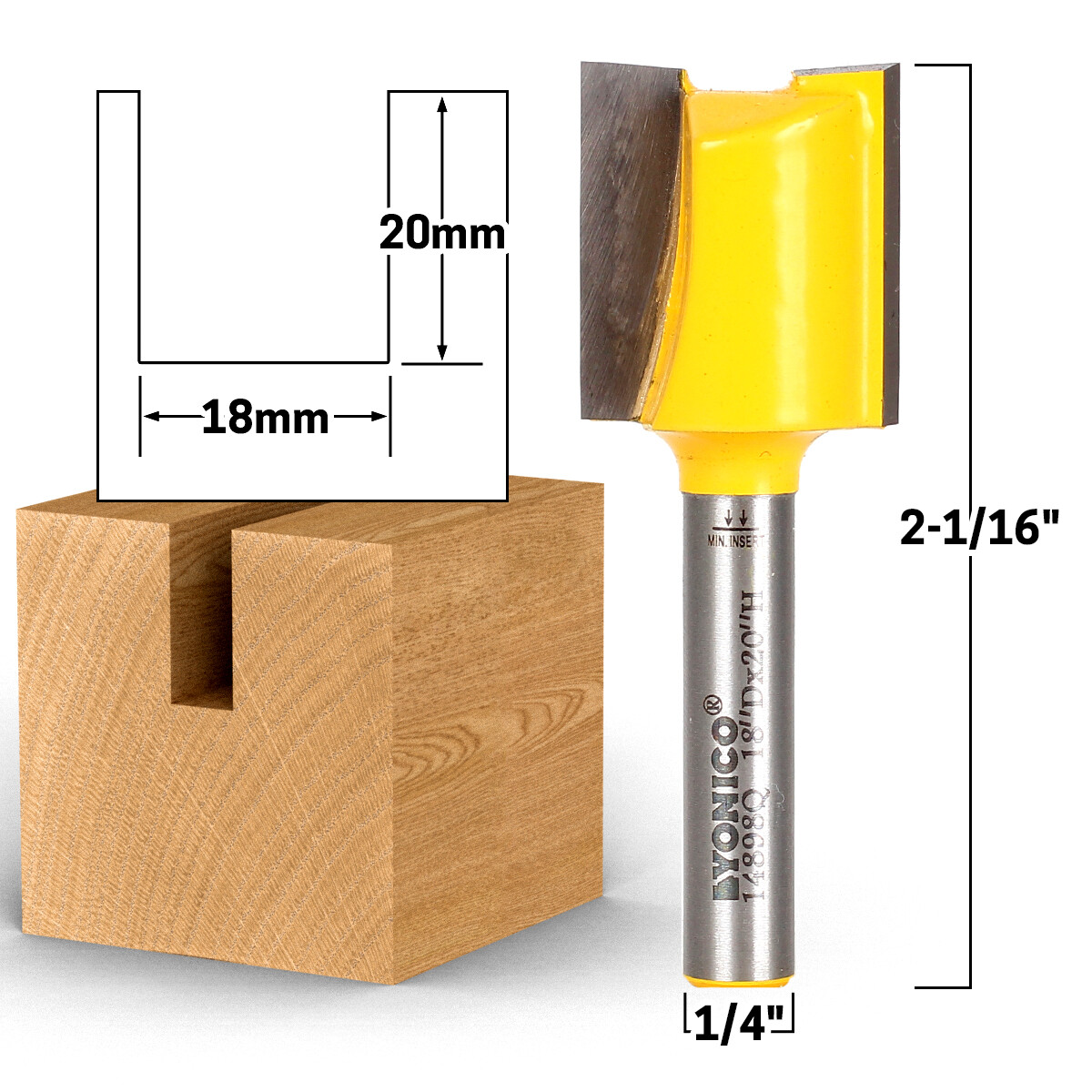 18mm CD x 20mm CL Straight Router Bit Metric – 1/4″ Shank – Yonico 14898q
