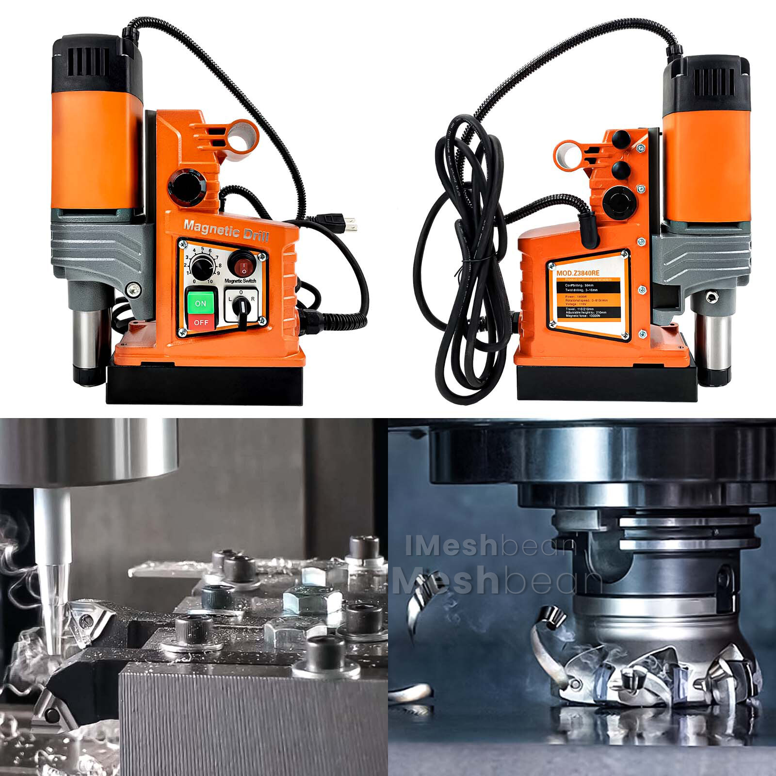 1400W Magnetic Drill 2922lbf/13000N Portable Mag Drill Press 810RPM w/ 6 Drills