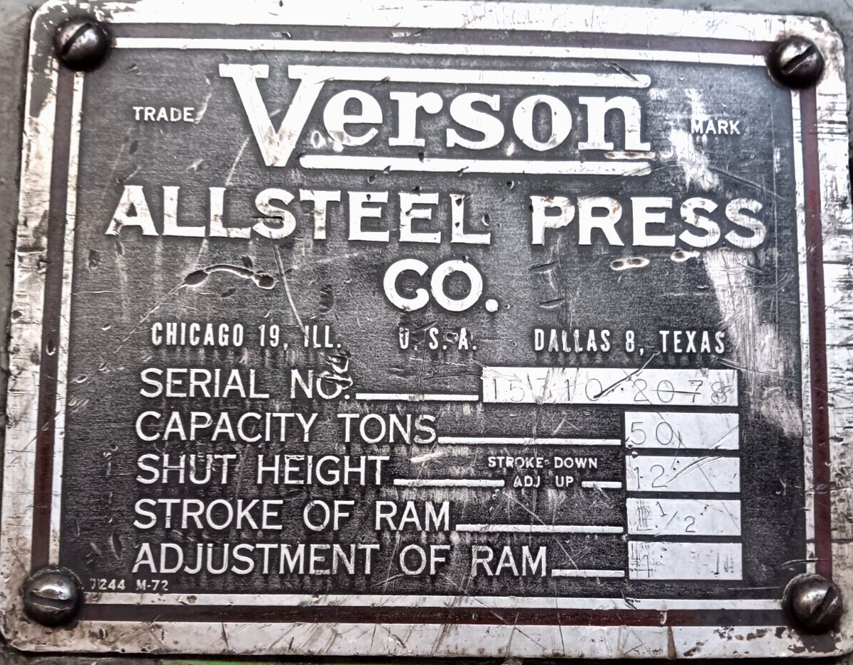 ALL STEEL PRESS CO. VERSON 50 TON PRESS BRAKE MOD. 2078-50 SERIAL NO. 15310-2078