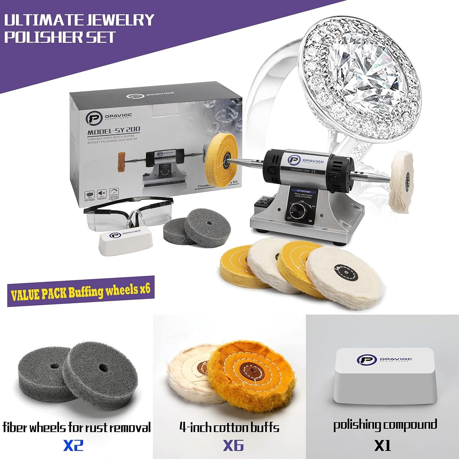 OPAVIOC Jewelry Polisher Adjustable Speed Bench Grinder Buffing Machine