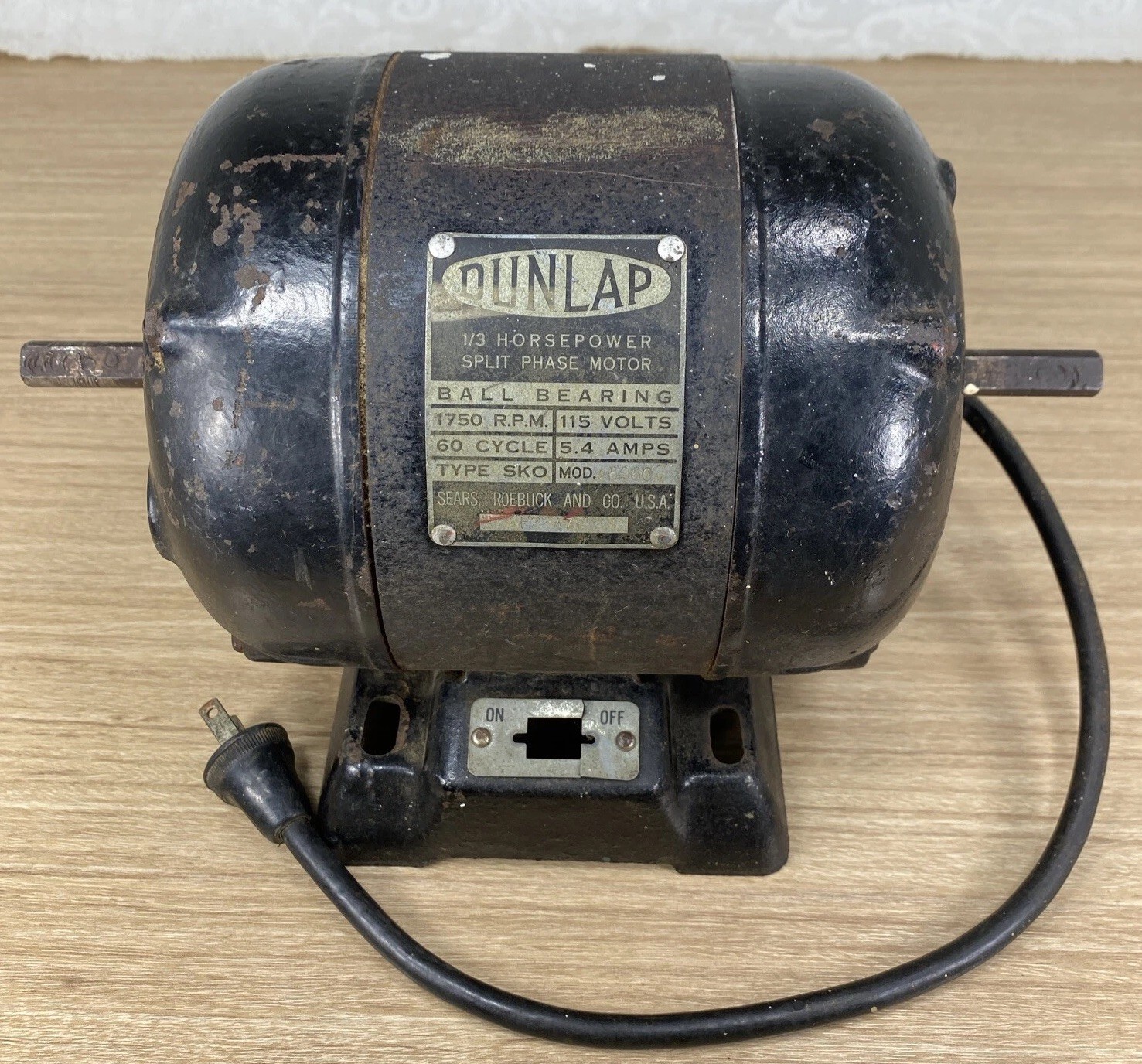Vintage Sears DUNLAP 1/3 HP Split Phase Motor Electric 1750 RPM 1/2” Shaft
