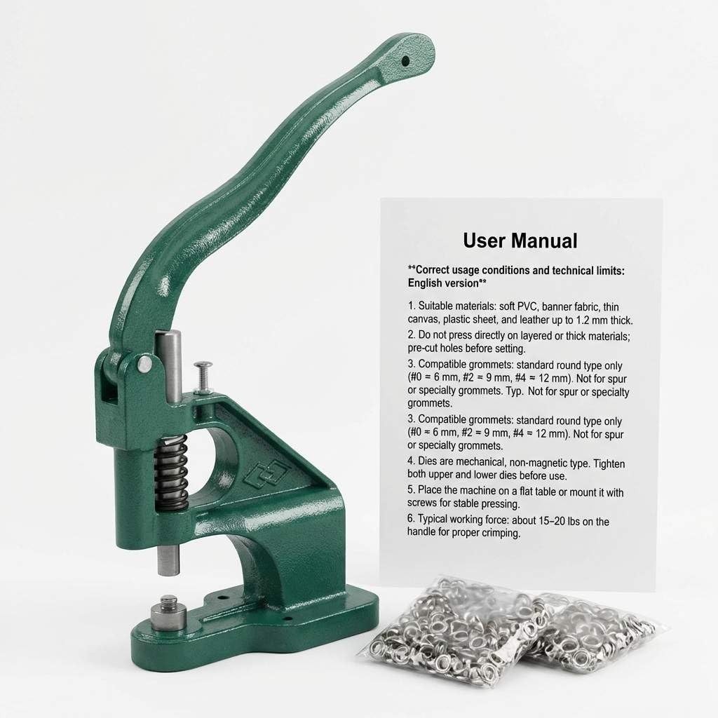 Heavy Duty Hand Press Eyelet Grommet Machine Punch Tool Kit – 3 Size Dies & 1…
