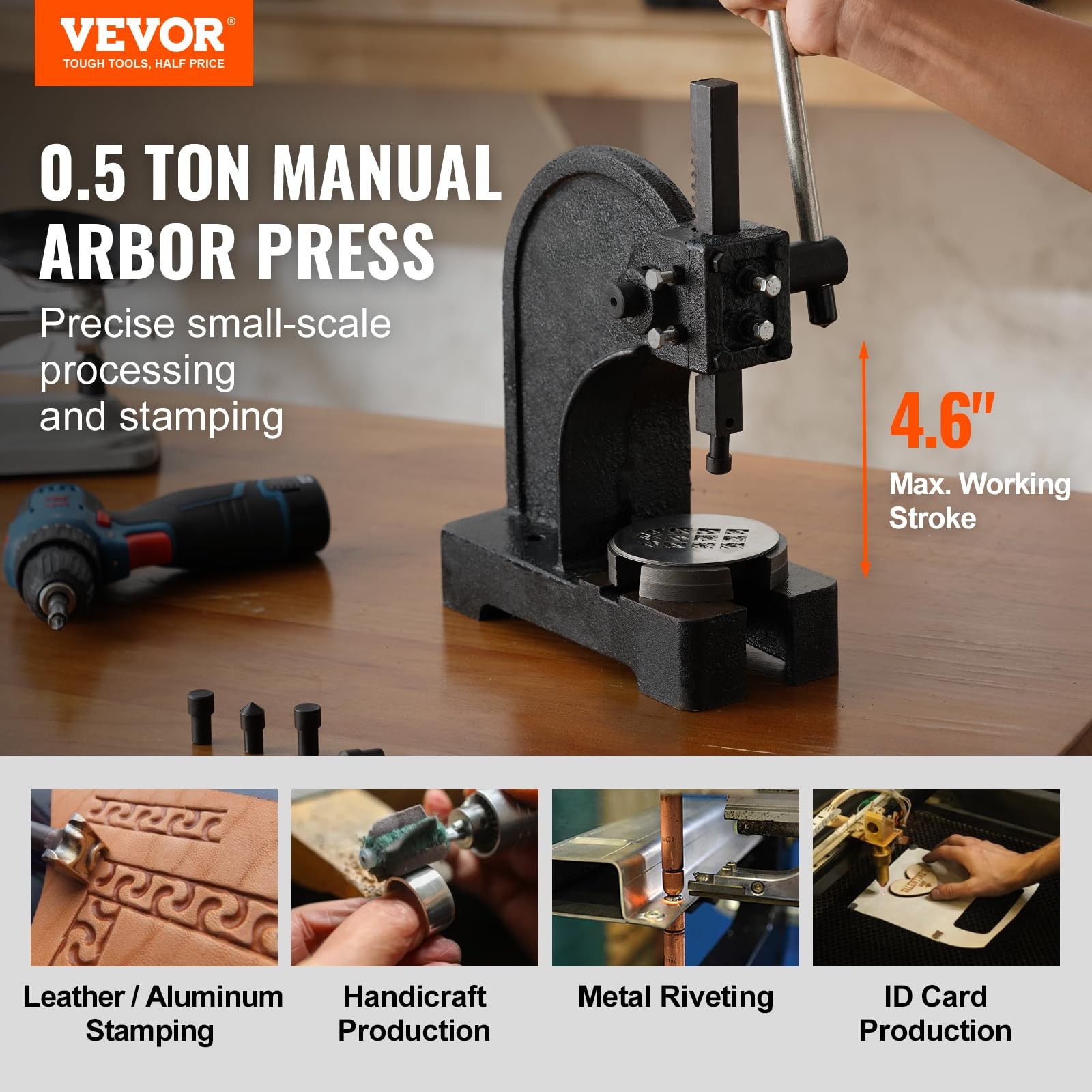 VEVOR Arbor Press, 0.5 Ton Manual Arbor Press, 4.6″ Maximum Height, Cast Iron…