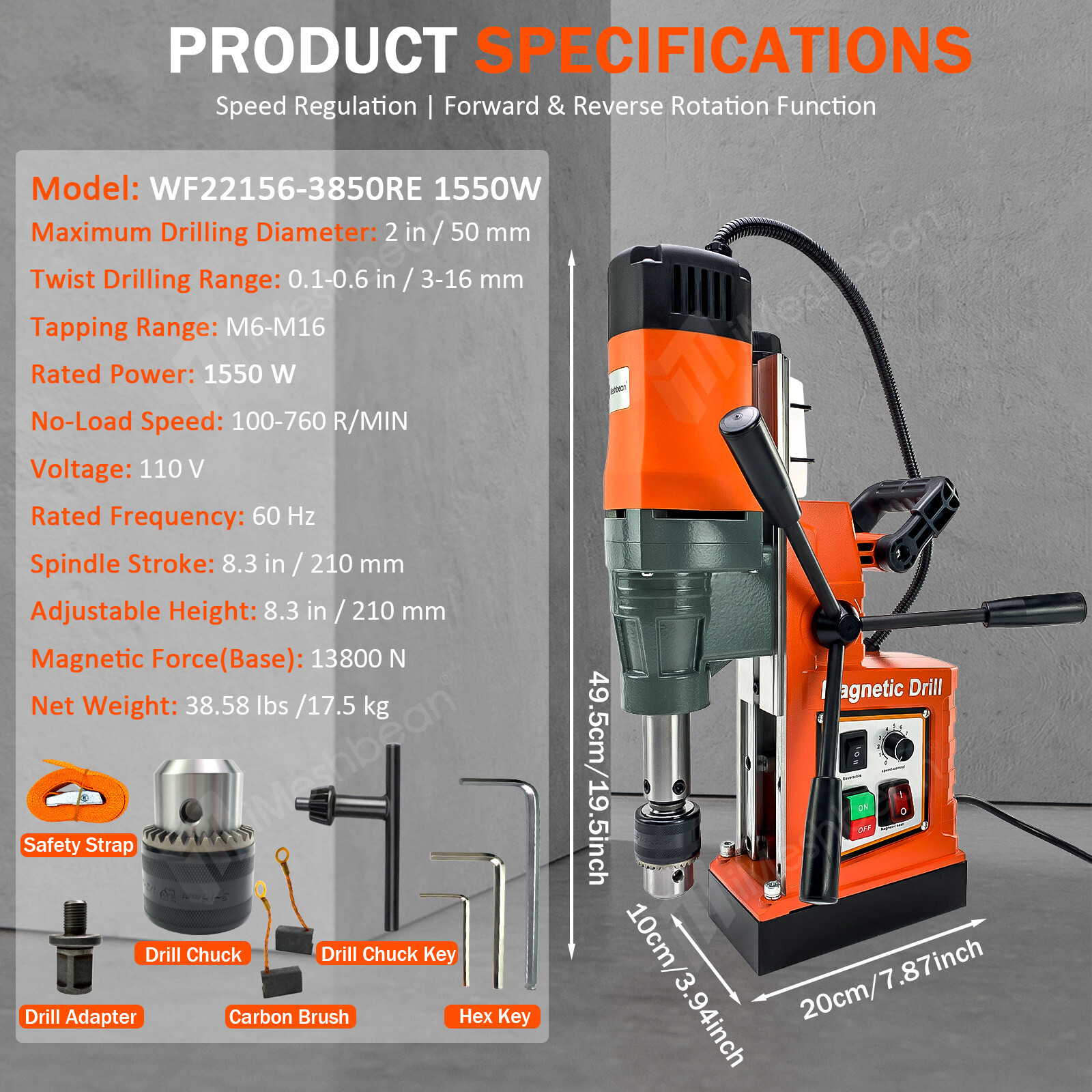 1550W Electric Magnetic Drill Press 13800N 760RPM Stepless Speed Mag Drill Press