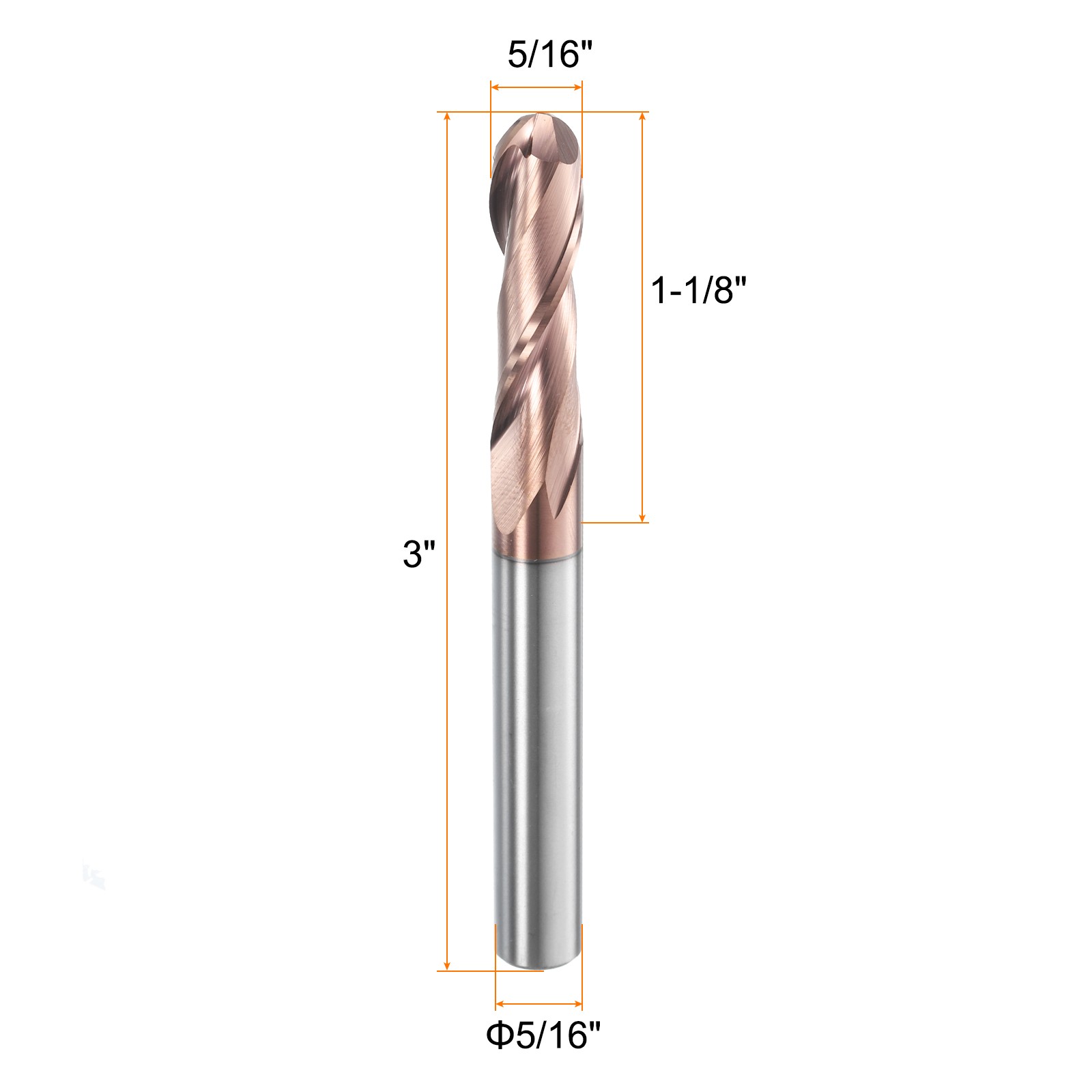 2 Flute Ball Nose End Mill 1-1/8″ Cutting Length Uncoated for Carving Grinding