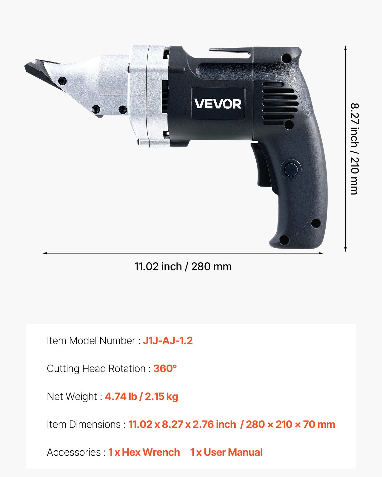VEVOR Electric Metal Shear 4.0-Amp Corded Sheet Variable Speed 2500 SPM