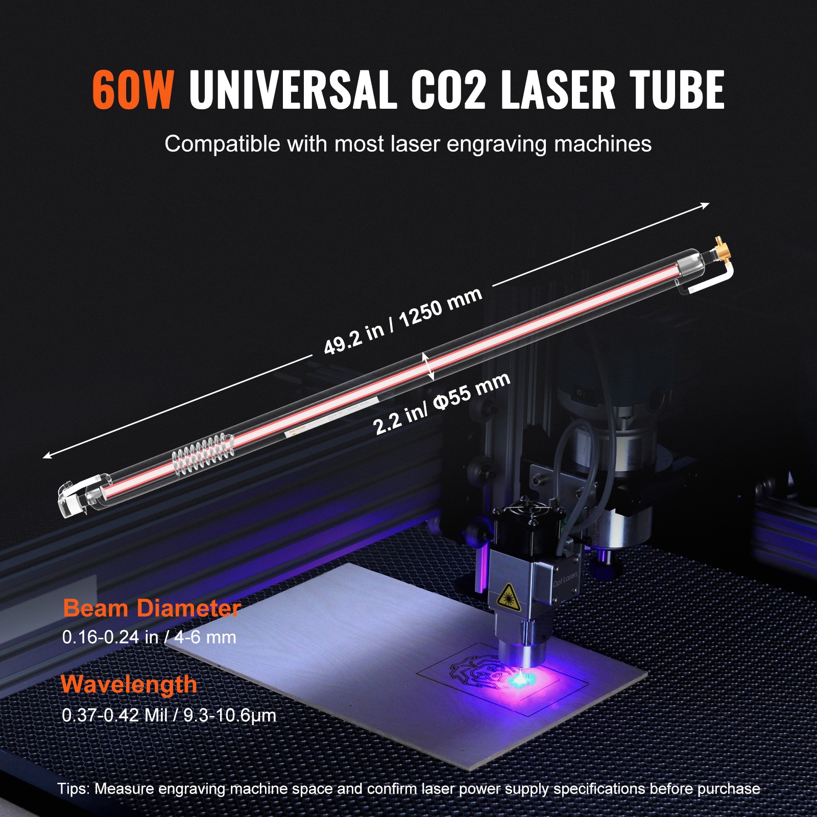 60W CO2 Laser Tube 49.2 in / 1250 mm Borosilicate Glass Cutter Tube