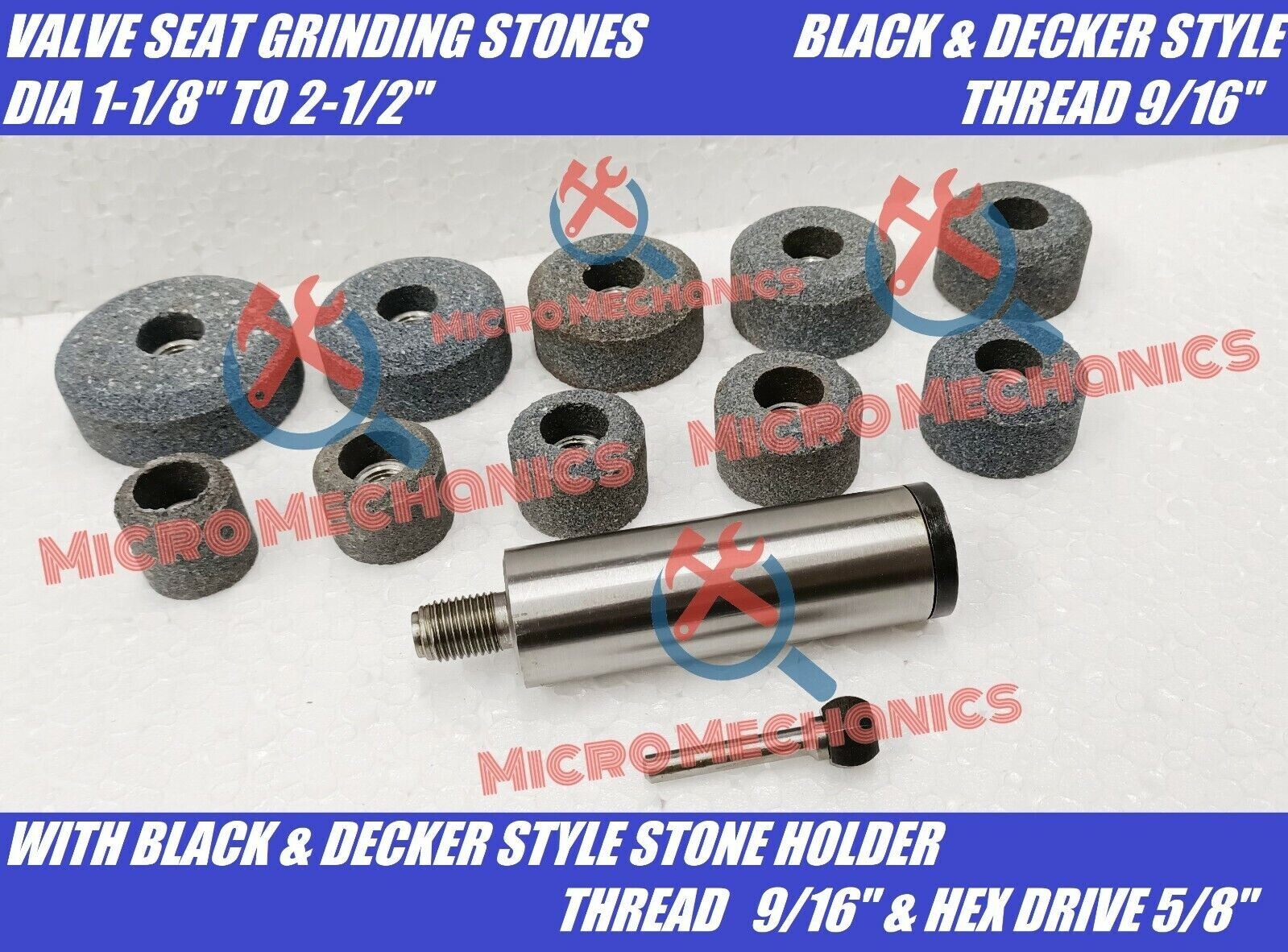 20x Valve Seat Grinding Wheels 2x Stone Holders 2x Hex Drive – B&D Thread 9/16″