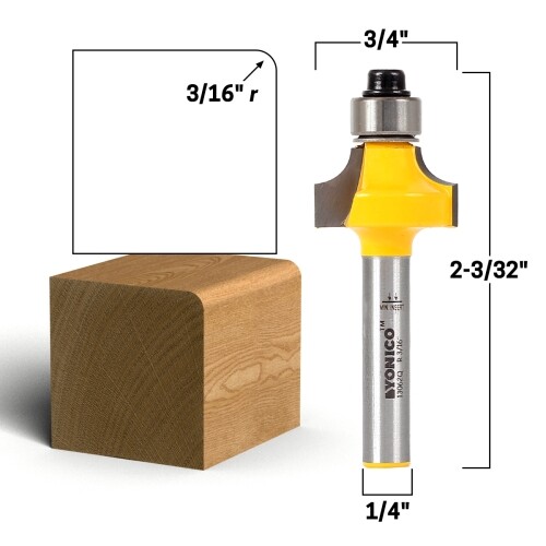 3/16″ Radius Round Over Edge Forming Router Bit – 1/4″ Shank – Yonico 13062q