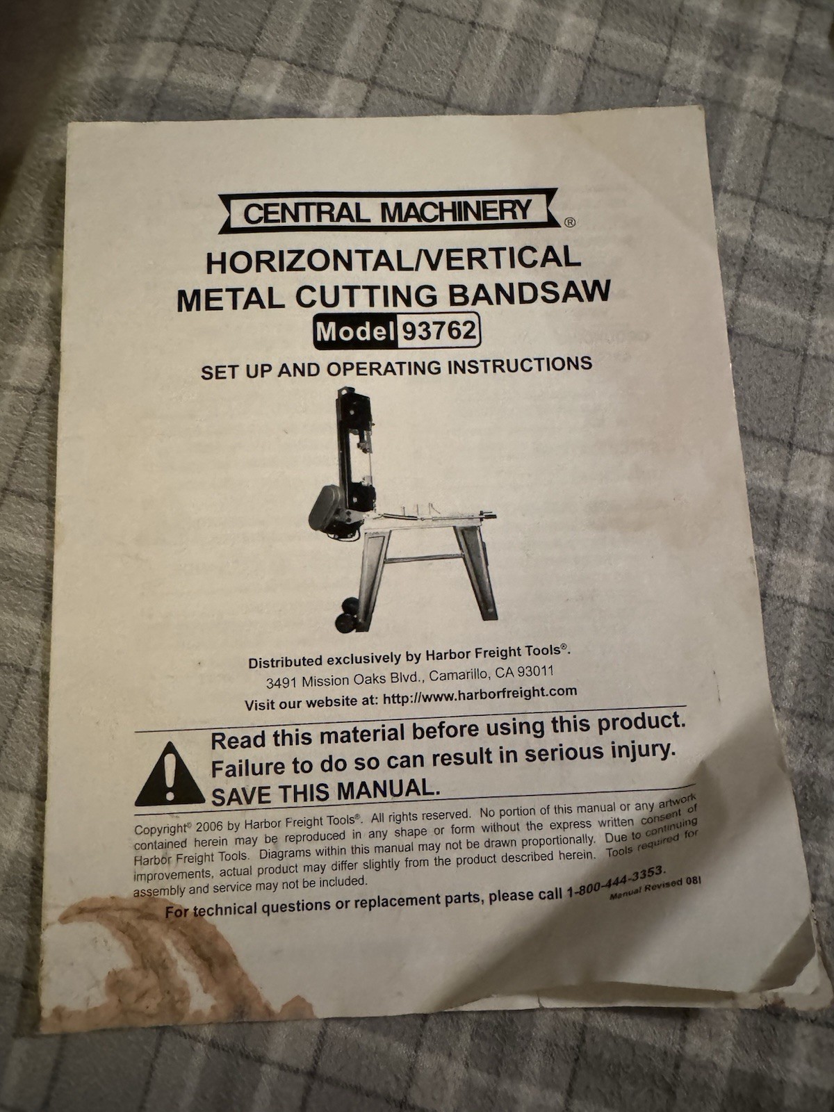 Central Machinery 1 HP Horizontal/Vertical Metal Cutting Band Saw Manual 93762