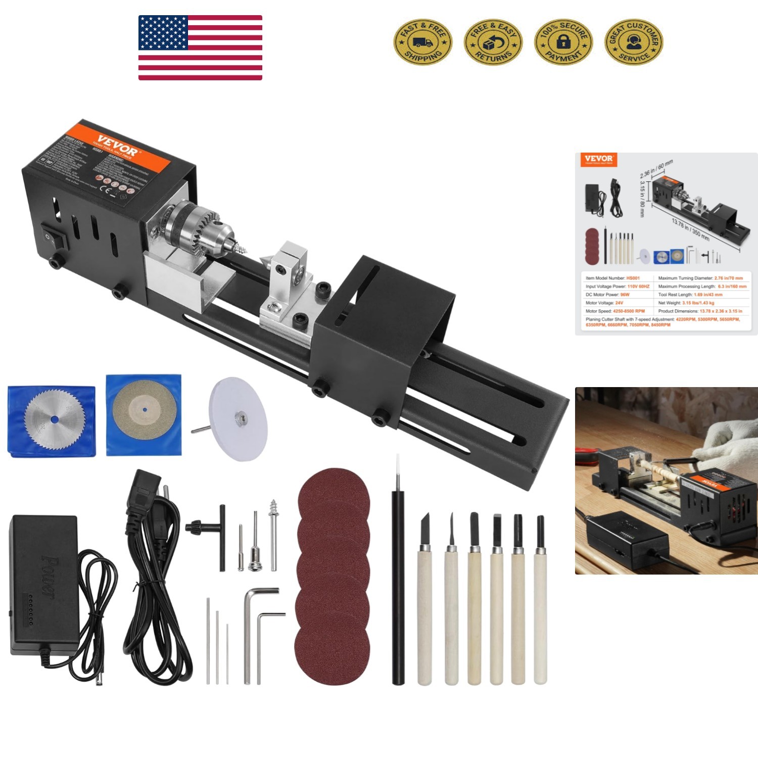 Lightweight Mini Lathe 2.76” x 6.3” with 7 Speed Options for Precision Cutting