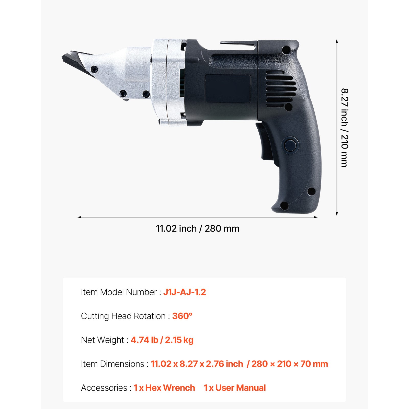 Electric Metal Shear, 4.0-Amp Corded Sheet Metal Cutter 360-Degree Swivel Head