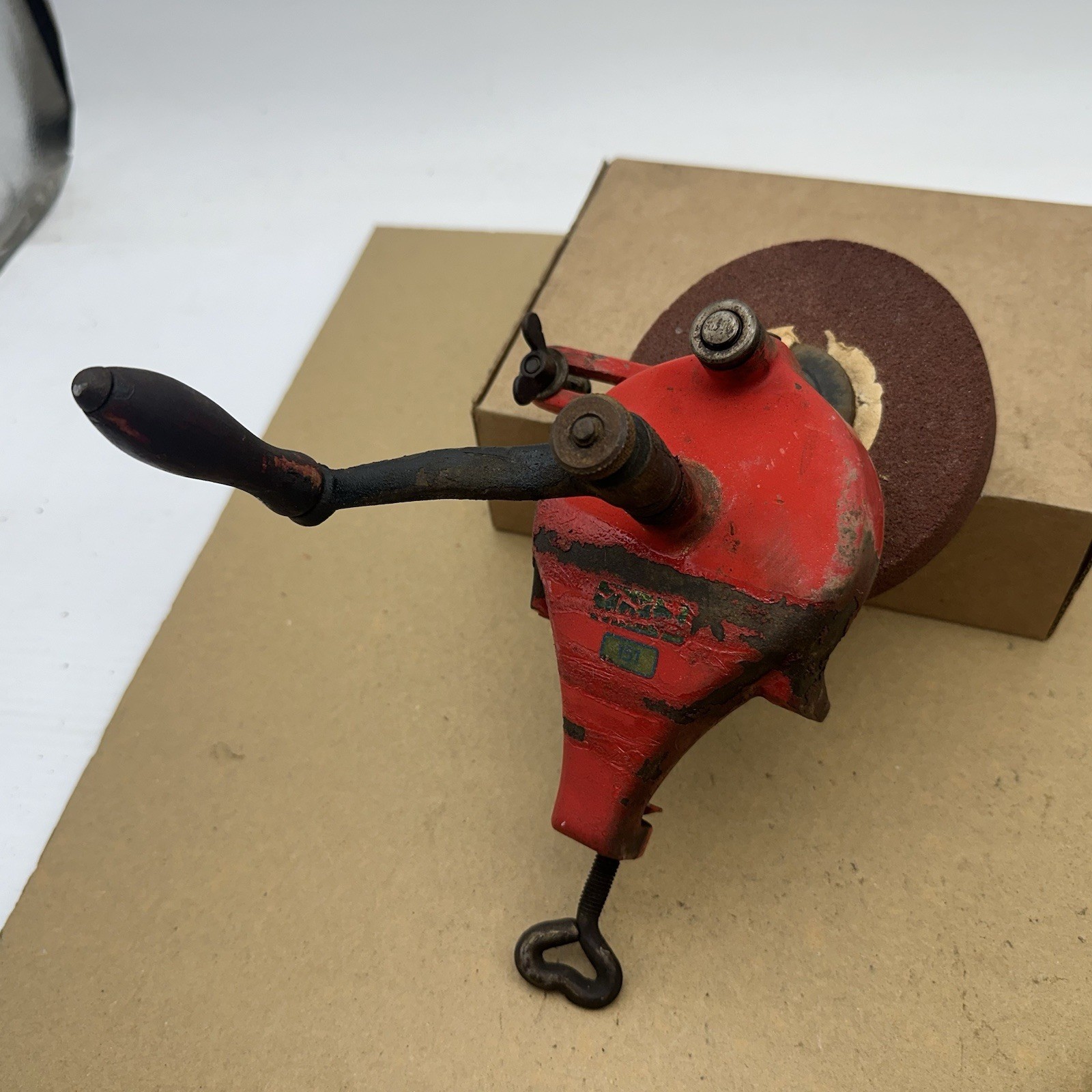 Vintage Antique Hand-Crank Bench Grinder 4-3/4” Diameter Grinding Wheel