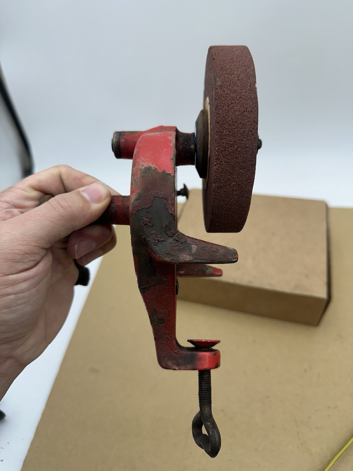 Vintage Antique Hand-Crank Bench Grinder 4-3/4” Diameter Grinding Wheel