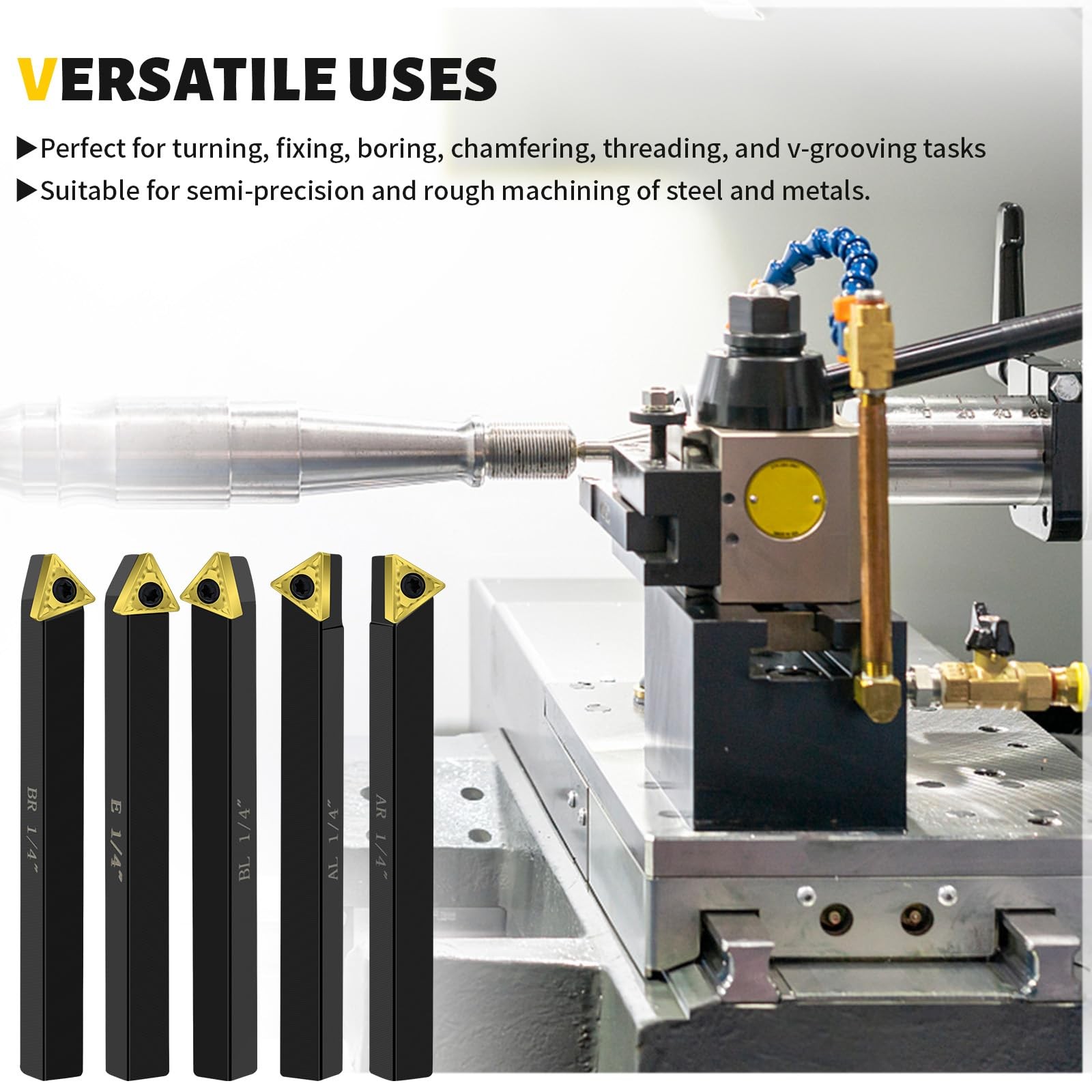 Metal Lathe Cutting Tools,5pcs 1/4” Shank Indexable Carbide Lathe Turning Tool