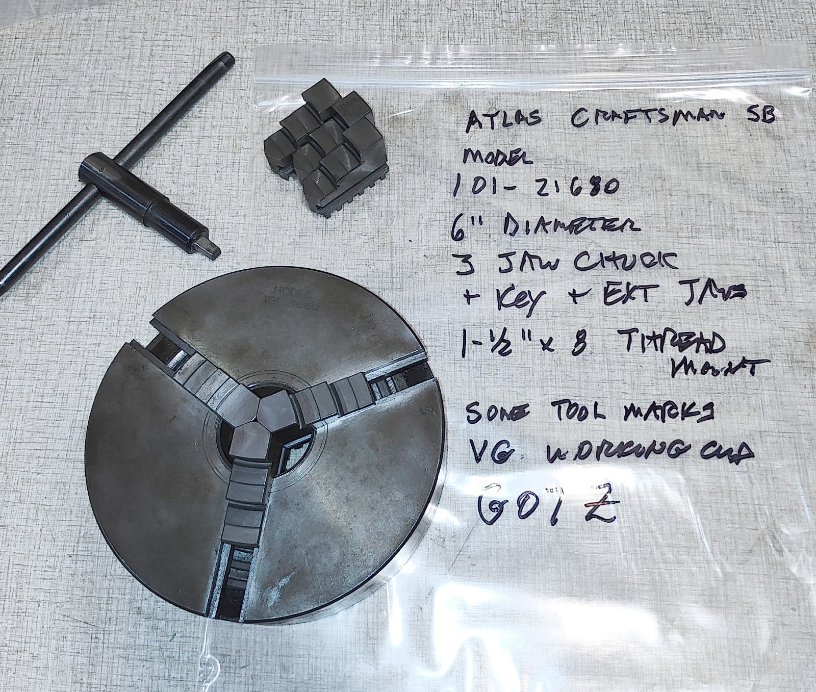 Atlas 101-21680 6″ 3 Jaw Chuck 1-1/2″x8 used w/ Emco Maximat V10-P Lathe G07Z