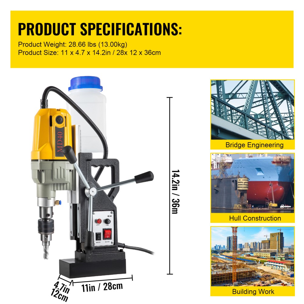 Magnetic Drill 1100W 1.57 Inch Boring Diameter 2697 lbf Portable Electric Mag