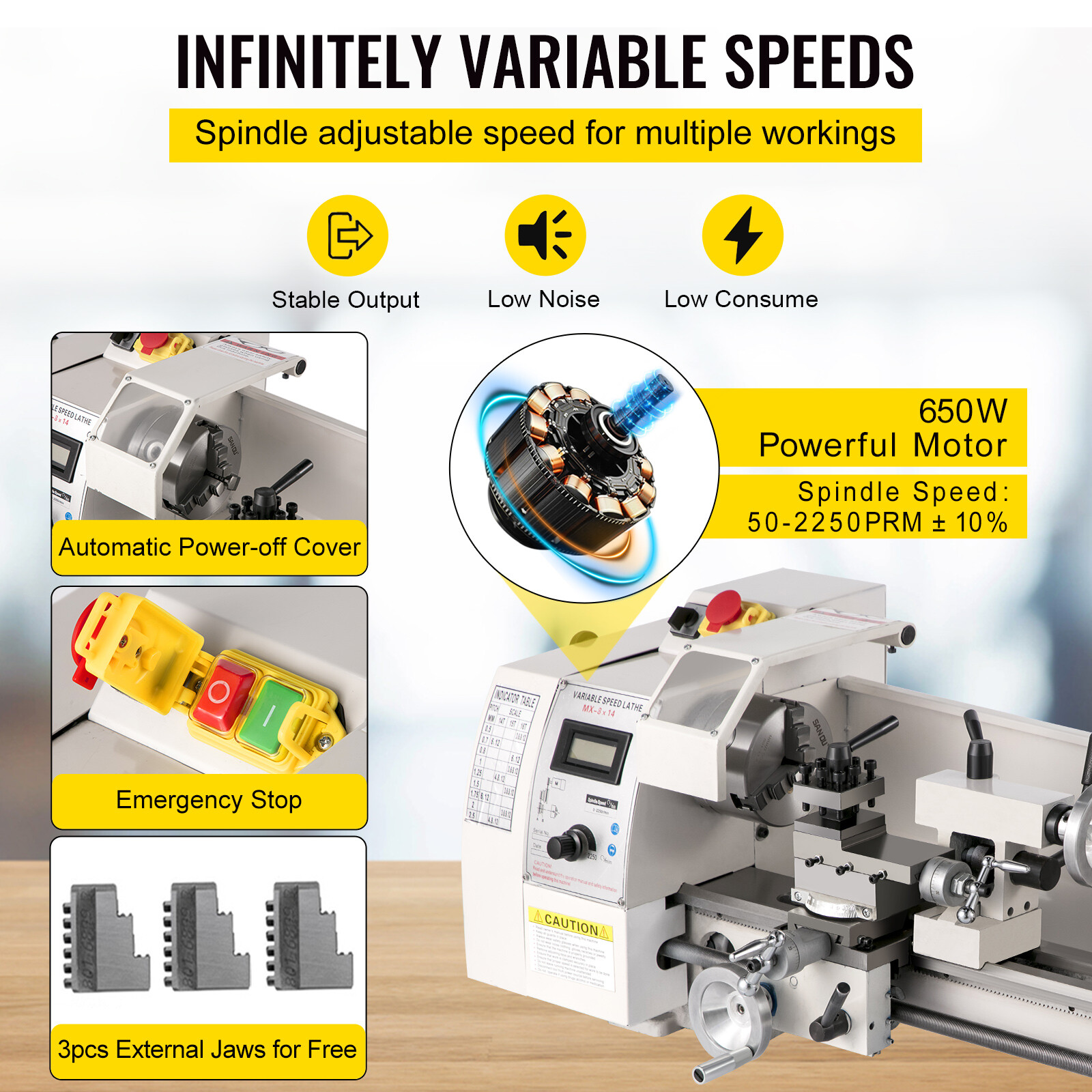 8×14″ 650W Precision Metal Lathe High Accuracy Variable Speed Milling Machine