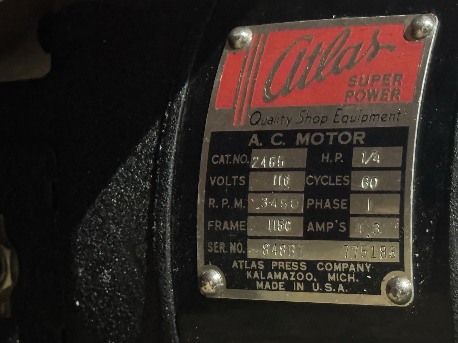 1/4 HP Atlas Kalamazoo Tool Post Grinder Model 10-450