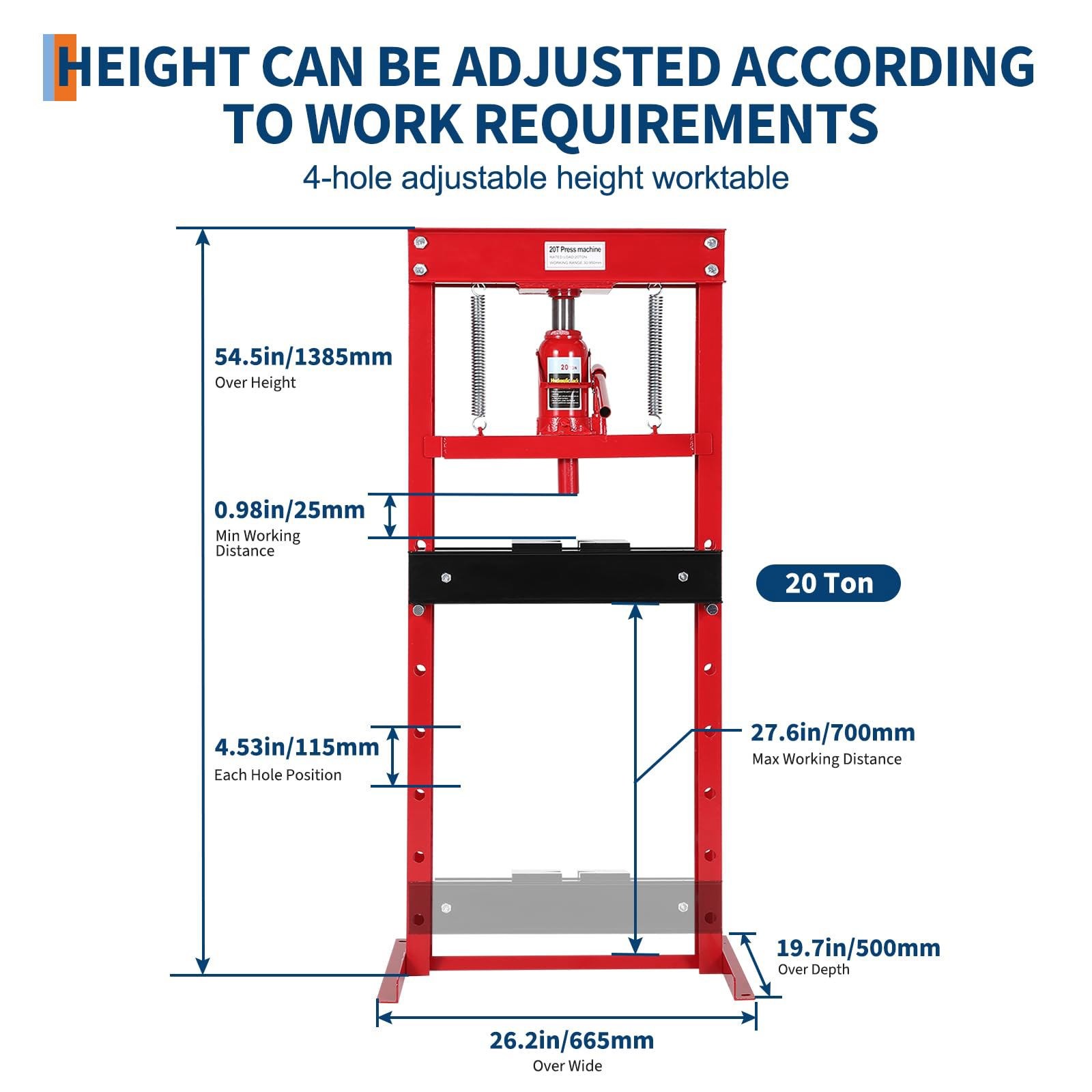 Hydraulic Press 20 Ton Hydraulic Shop Press H-Frame Garage Floor Adjustable Shop