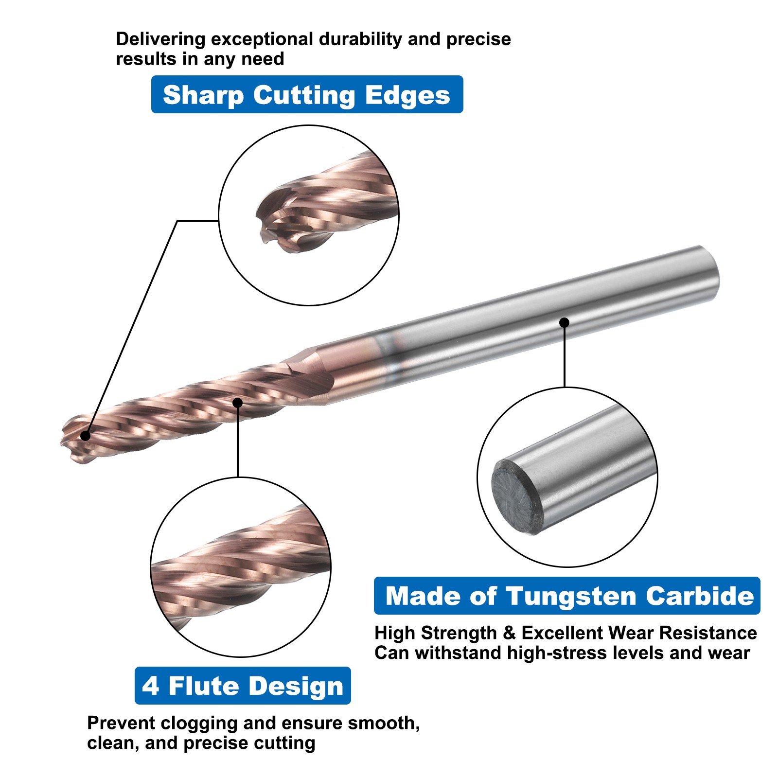 4 Flute Ball Nose End Mill 3/4″ Cutting Length Uncoated for Engraving