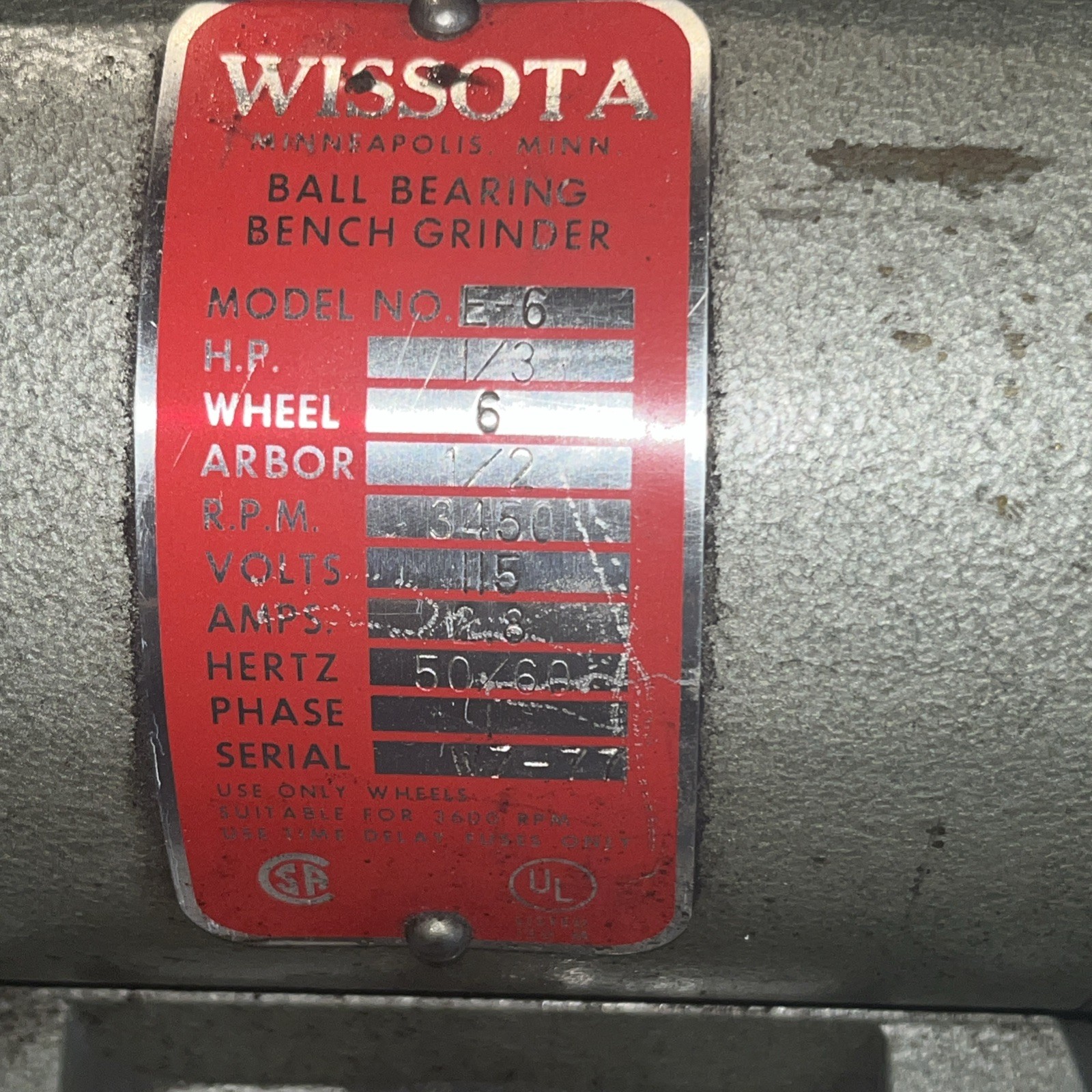 WISSOTA BENCH GRINDER, E-6 ,6″ WHEEL, 1/3 HP, 3450 RPM, 115 V, Tested