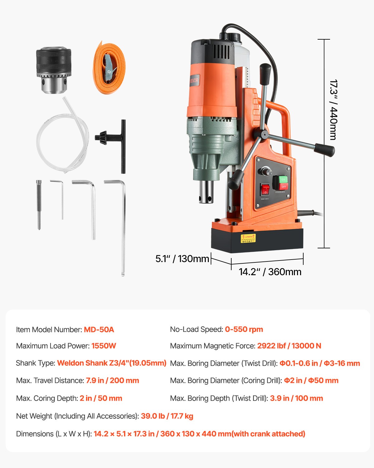 VEVOR Magnetic Drill Portable Mag Drill Press 1550W 2922 lbf 2″ Coring Diameter