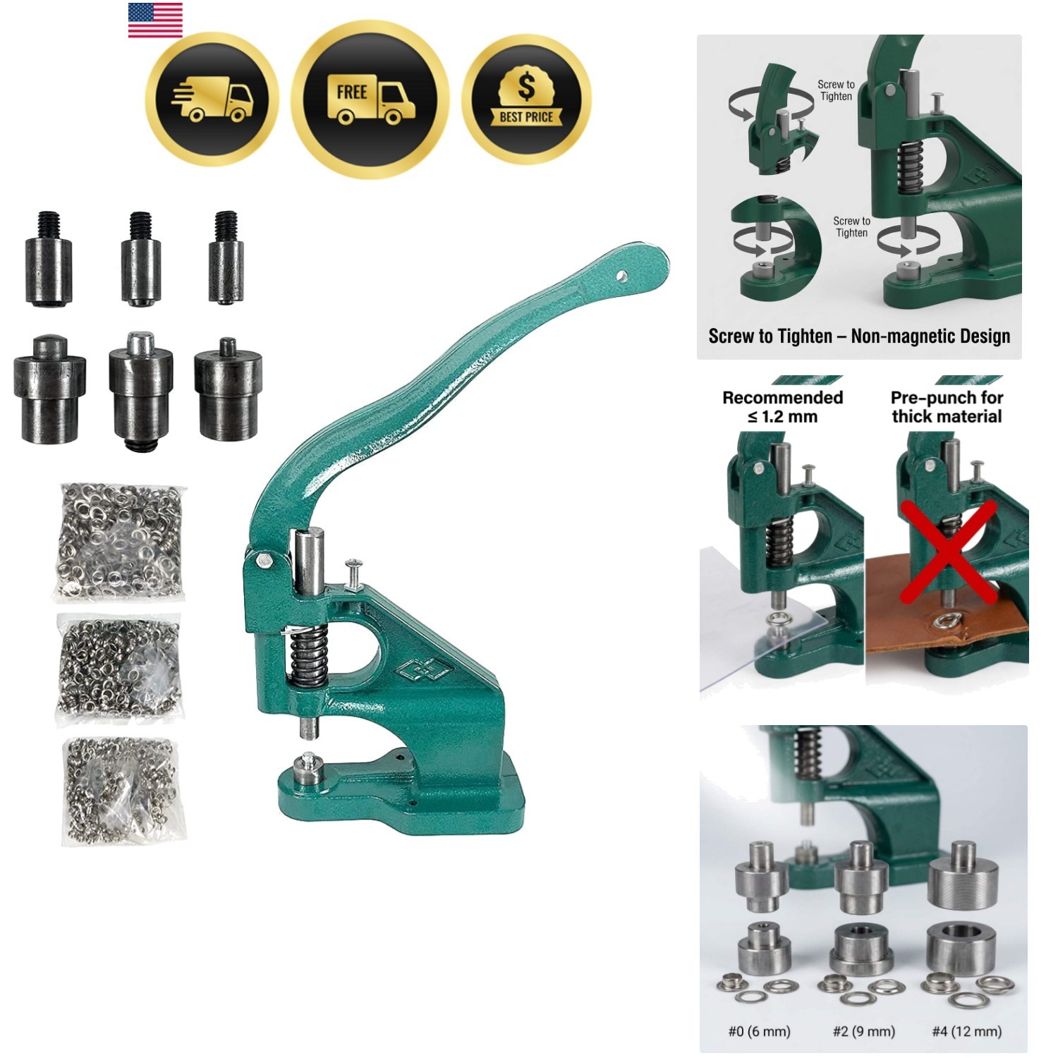 Heavy Duty Hand Press Eyelet Grommet Machine Punch Tool Kit – 3 Size Dies & 1…